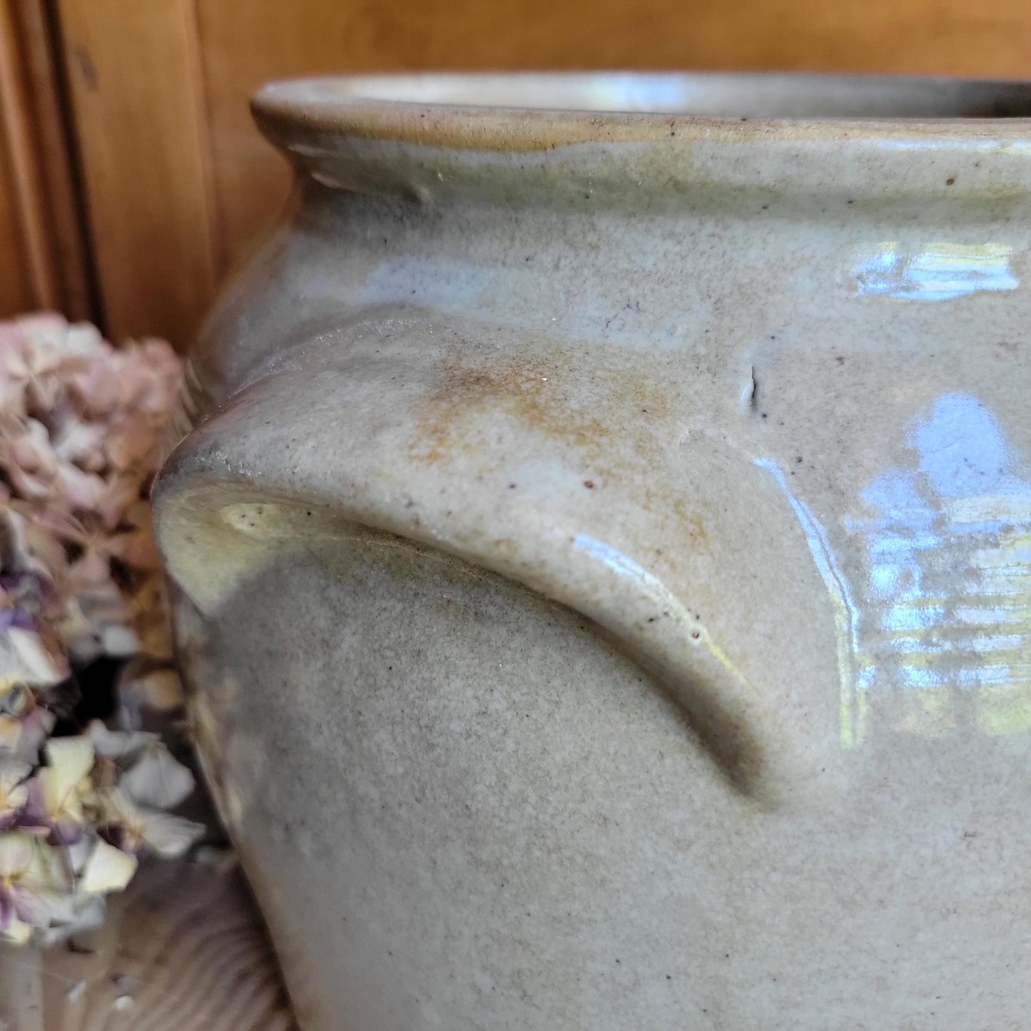Large Antique Ecru Stoneware Confit Pot with Applied Handles, France c.1900