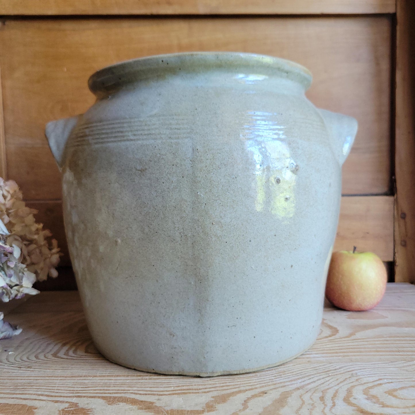 Large Antique Ecru Stoneware Confit Pot with Applied Handles, France c.1900