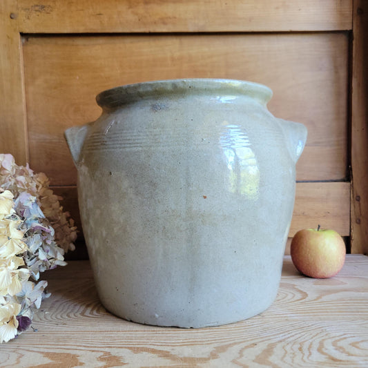 Large Antique Ecru Stoneware Confit Pot with Applied Handles, France c.1900