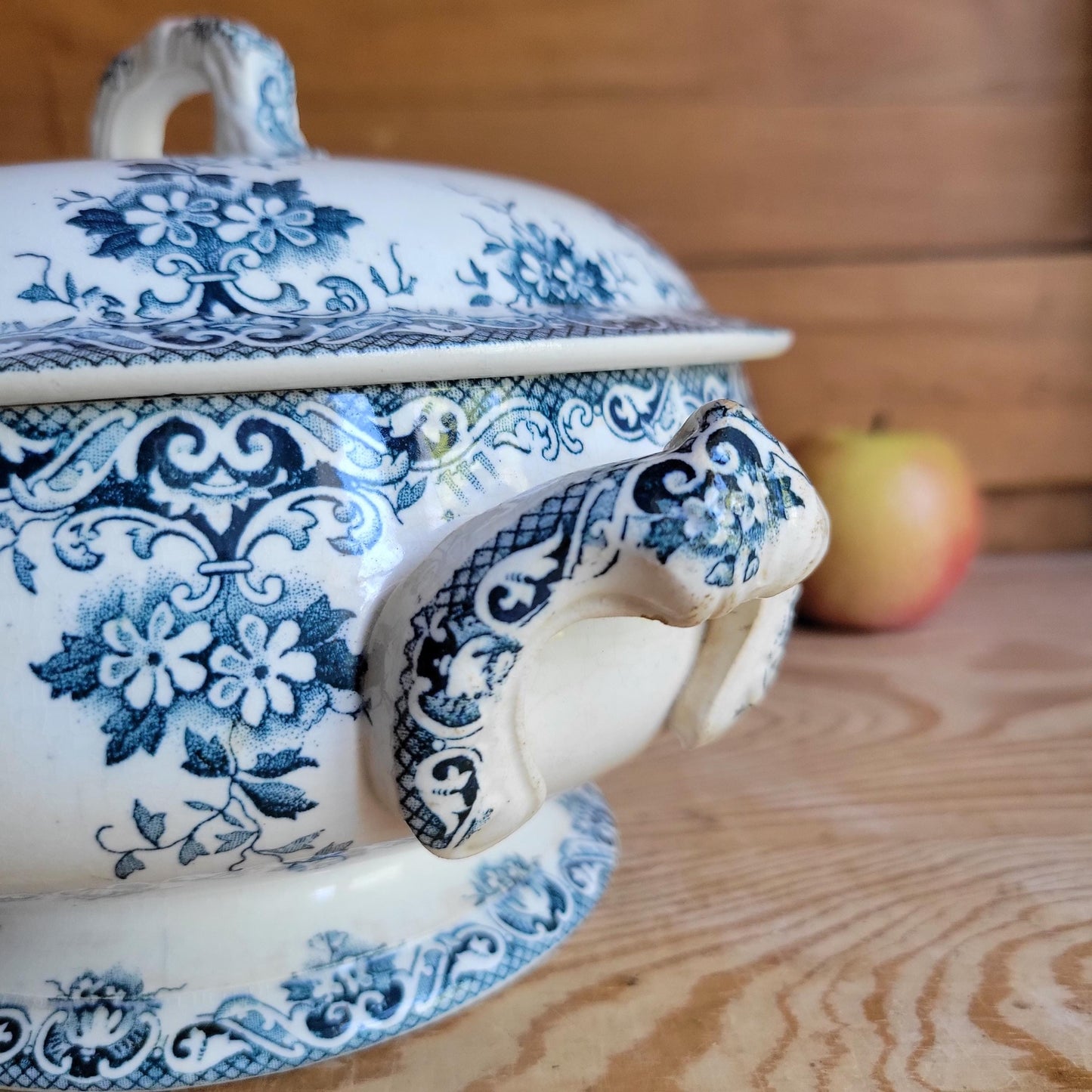 Antique Teal Transferware Legumier with Lid, Attributed to St Amand, France c.1910