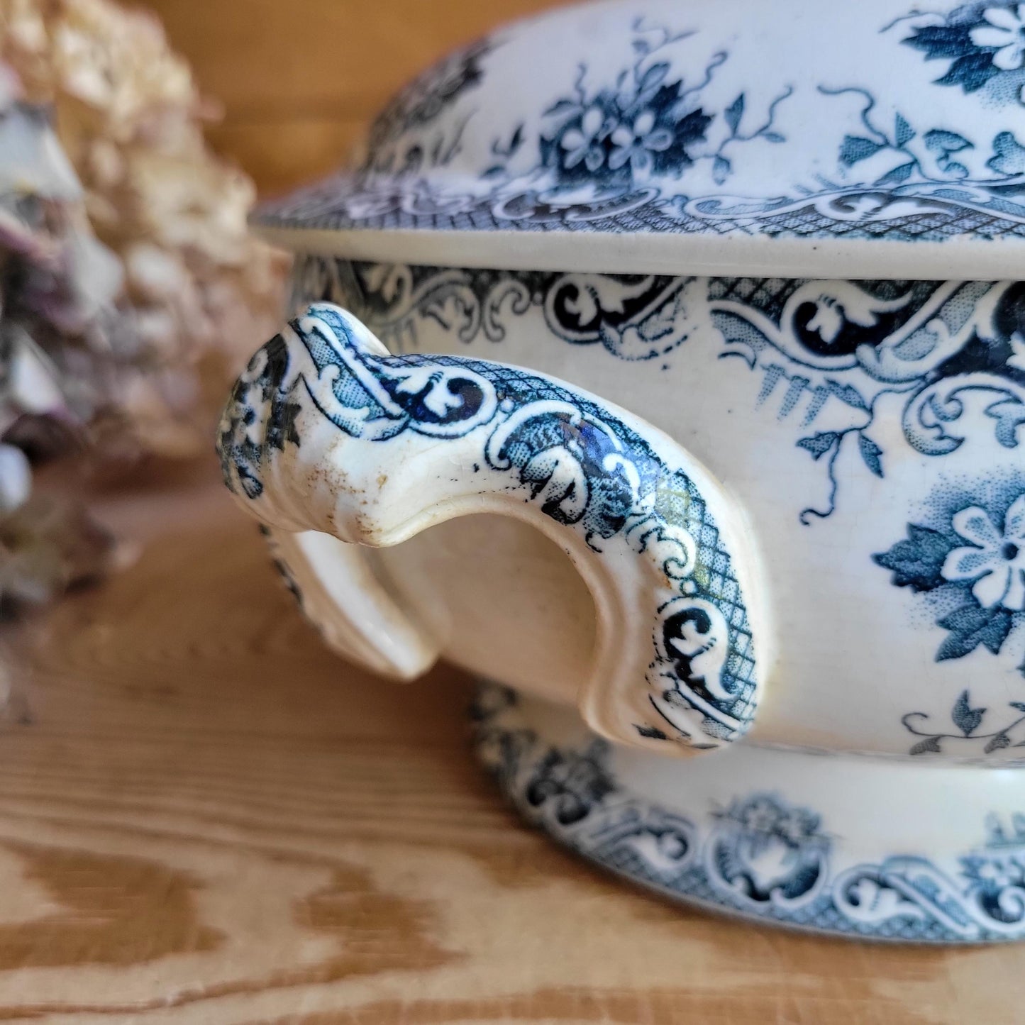 Antique Teal Transferware Legumier with Lid, Attributed to St Amand, France c.1910