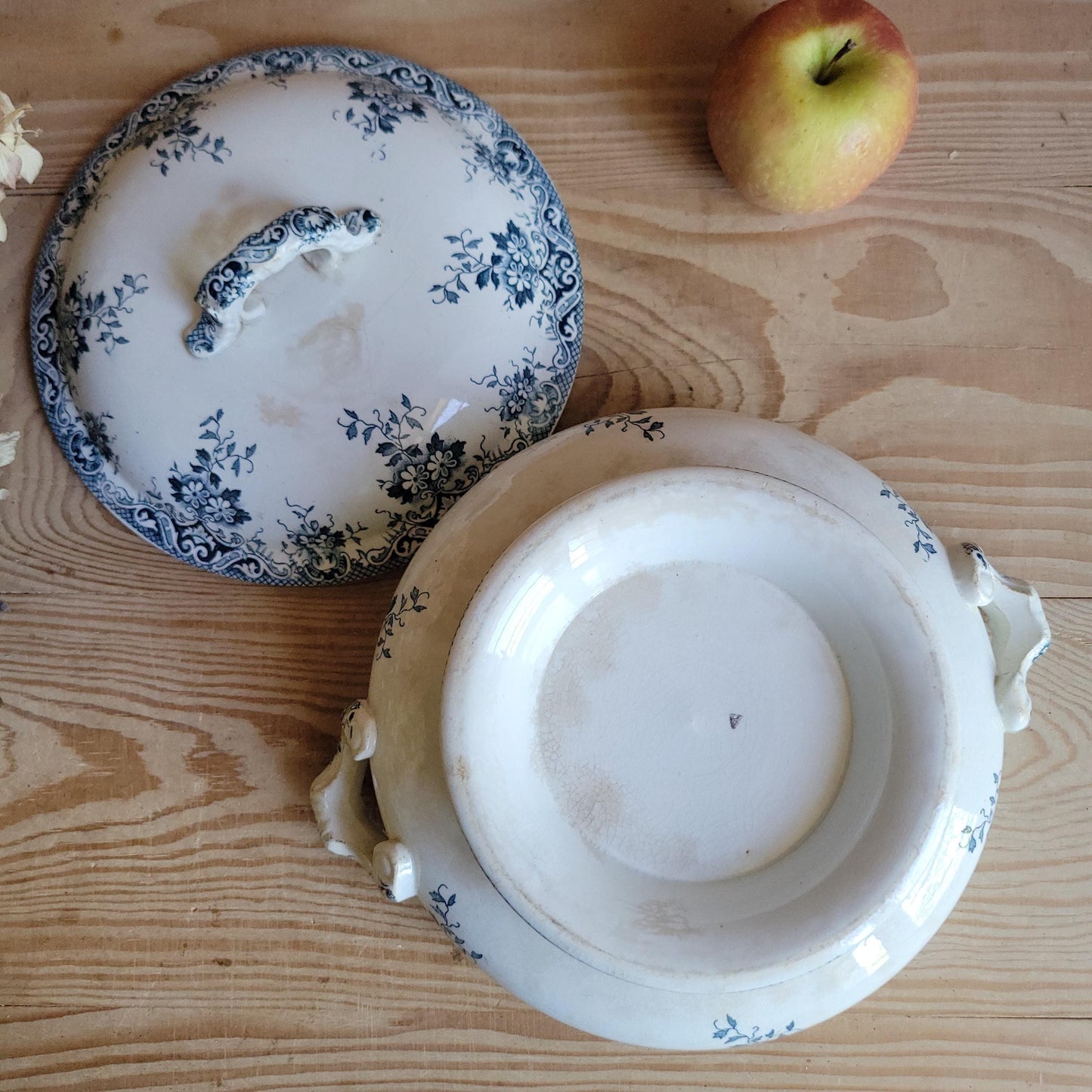 Antique Teal Transferware Legumier with Lid, Attributed to St Amand, France c.1910