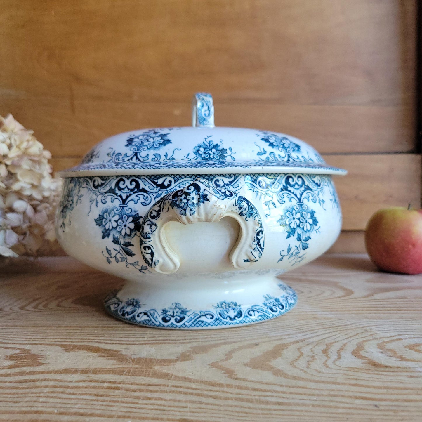 Antique Teal Transferware Legumier with Lid, Attributed to St Amand, France c.1910