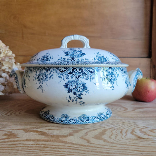 Antique Teal Transferware Legumier with Lid, Attributed to St Amand, France c.1910