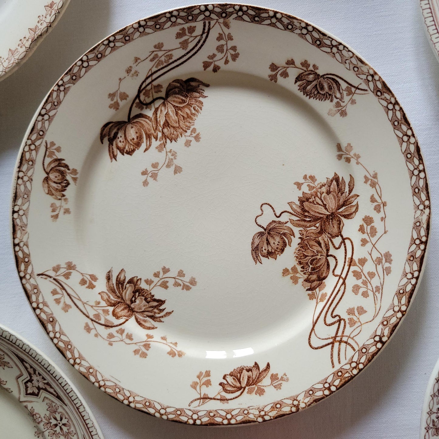 SET 6 mismatched French & English antique ironstone dinner plates, brown and white transferware 19th century