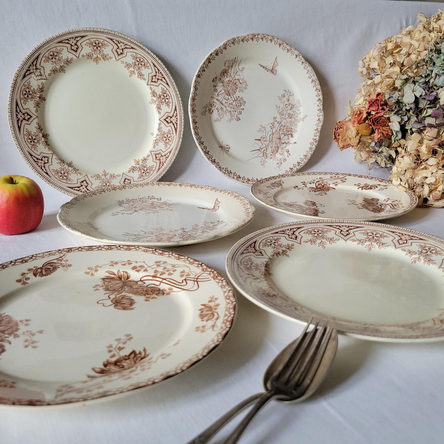SET 6 mismatched French & English antique ironstone dinner plates, brown and white transferware 19th century