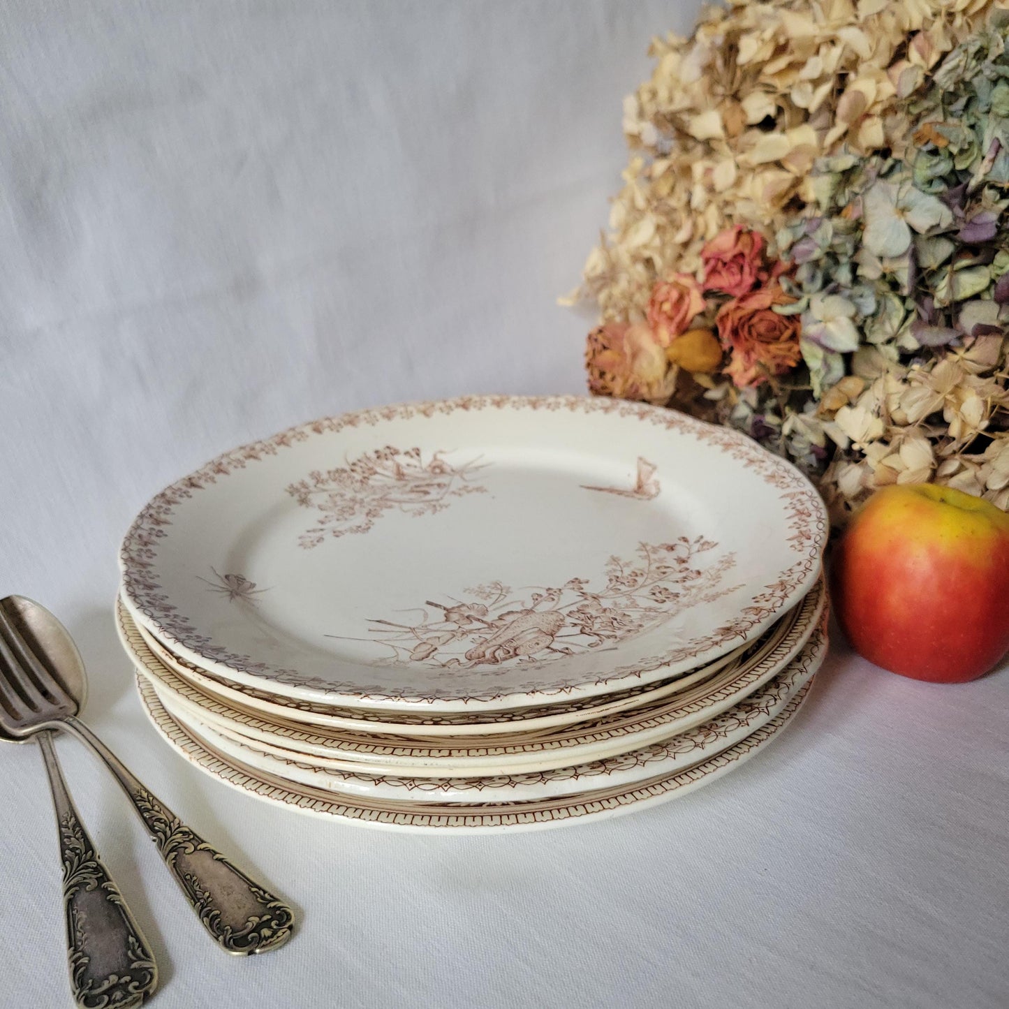 SET 6 mismatched French & English antique ironstone dinner plates, brown and white transferware 19th century