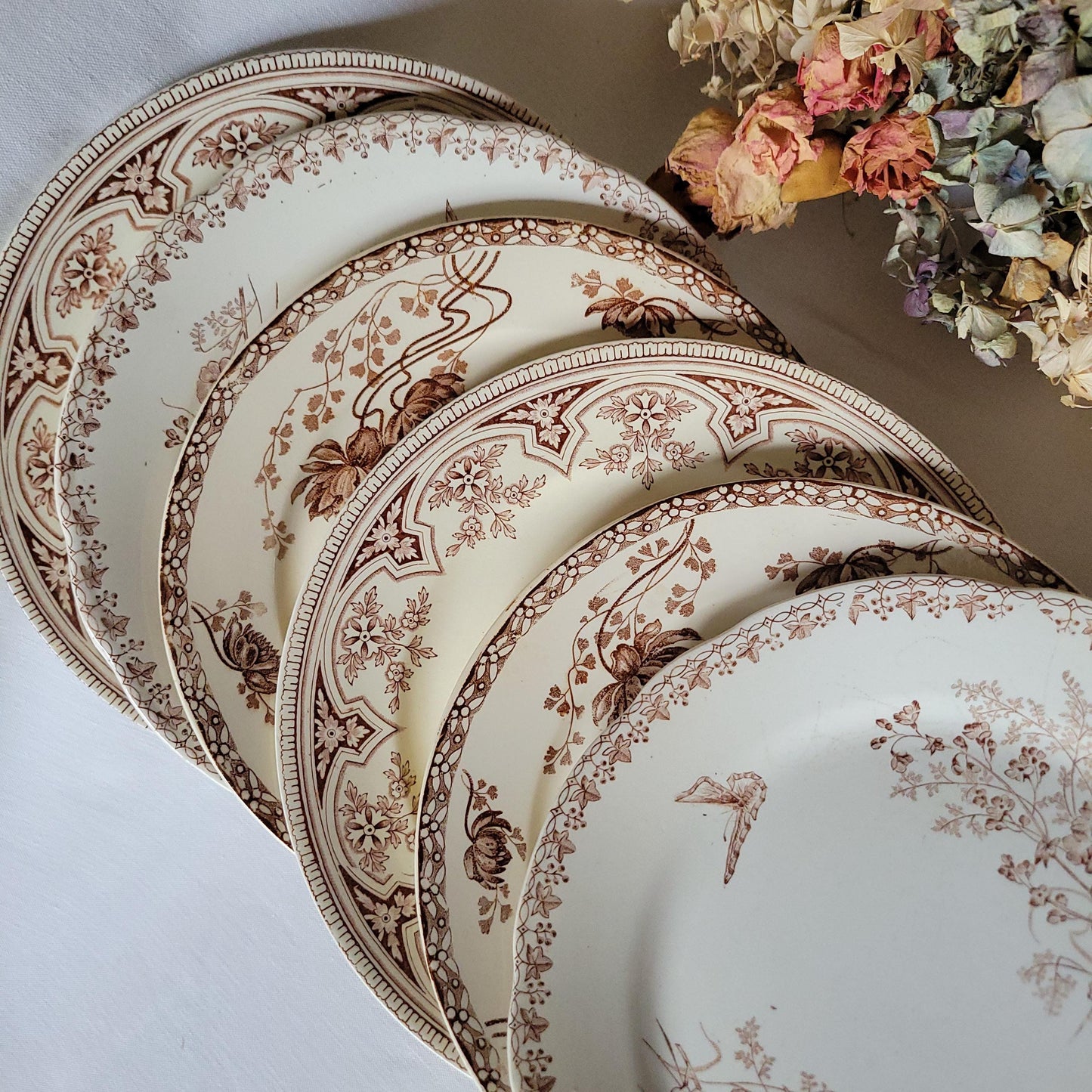 SET 6 mismatched French & English antique ironstone dinner plates, brown and white transferware 19th century