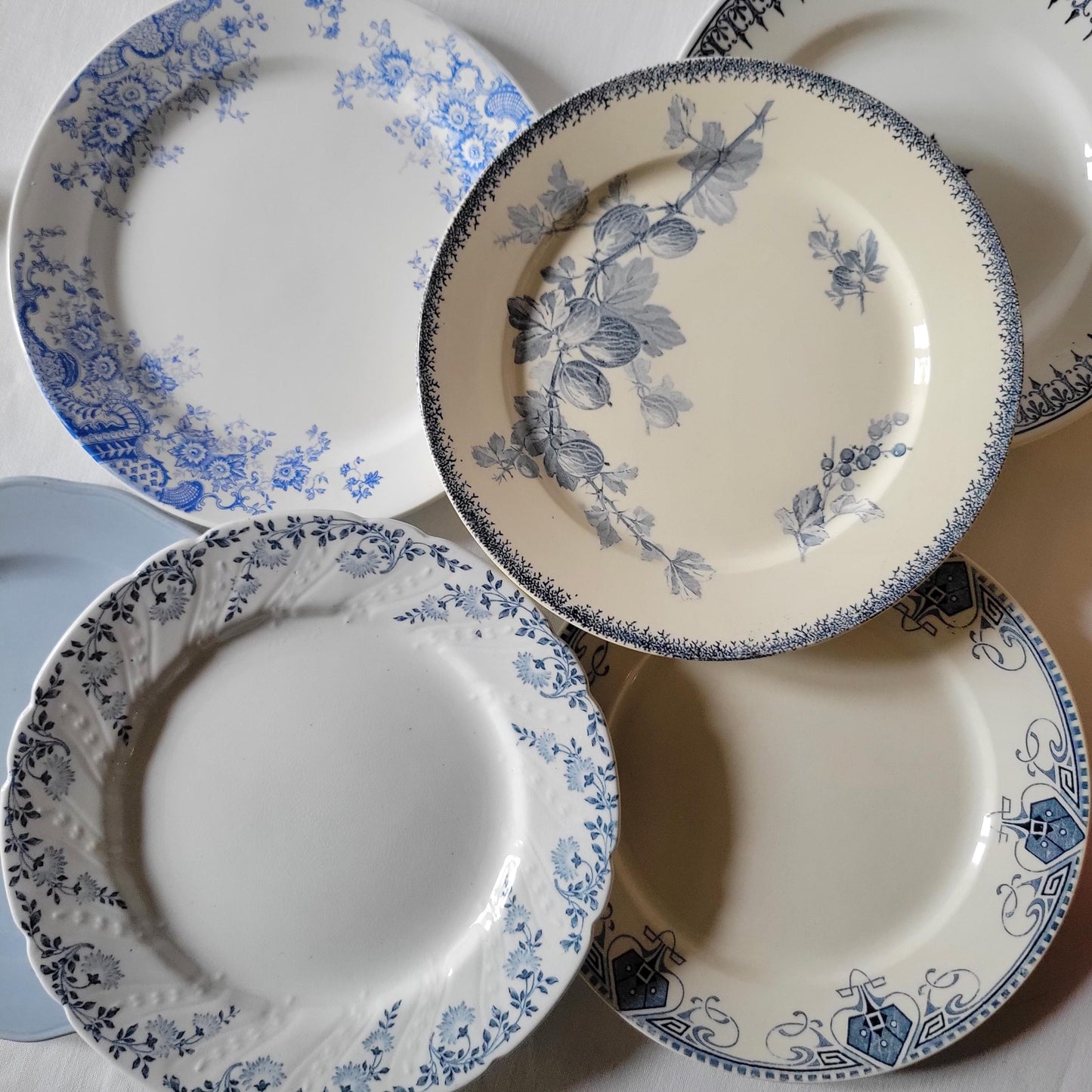 Antique Mismatched French/Belgian Ironstone Dinner Plates - Blue Transferware, Set of 6