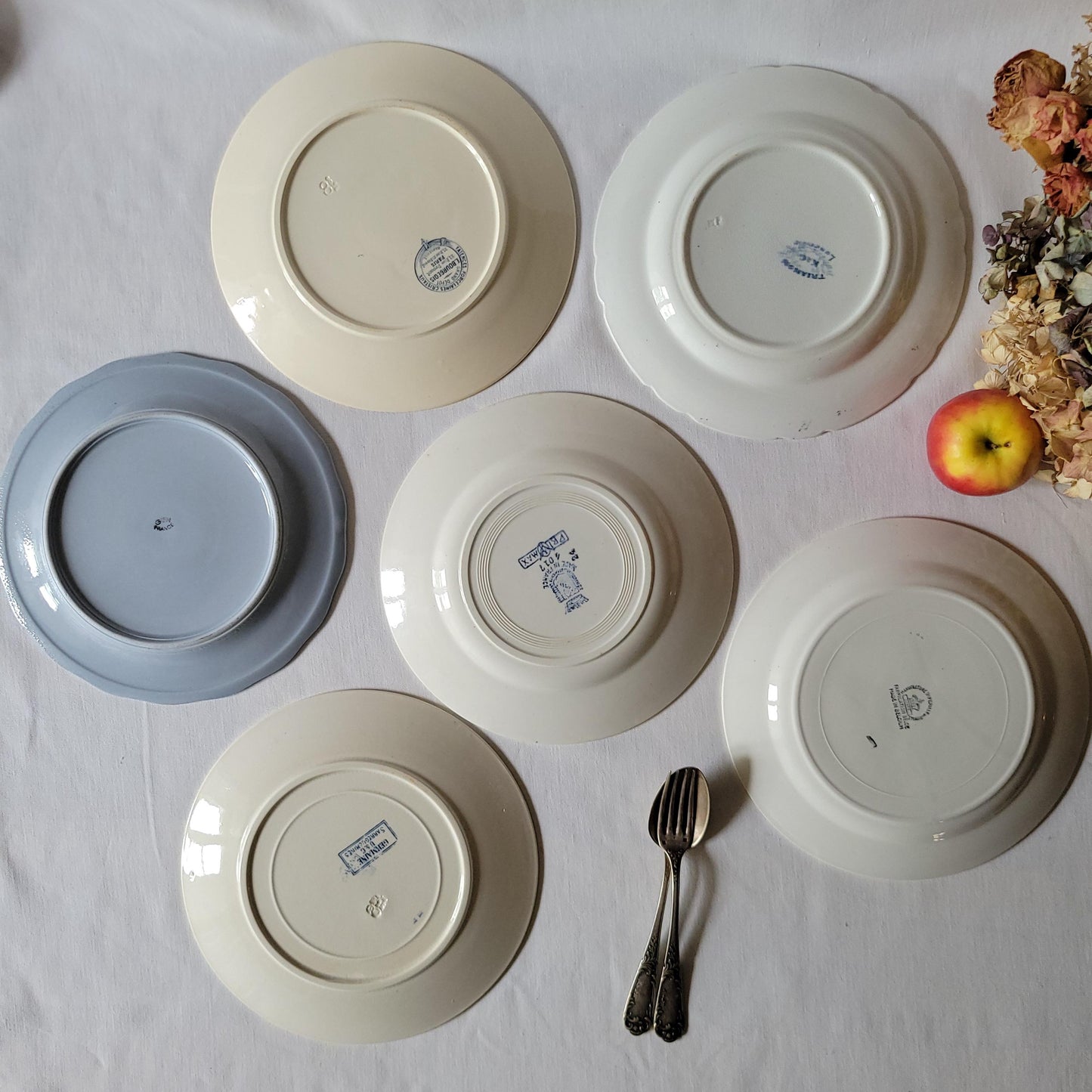 Antique Mismatched French/Belgian Ironstone Dinner Plates - Blue Transferware, Set of 6