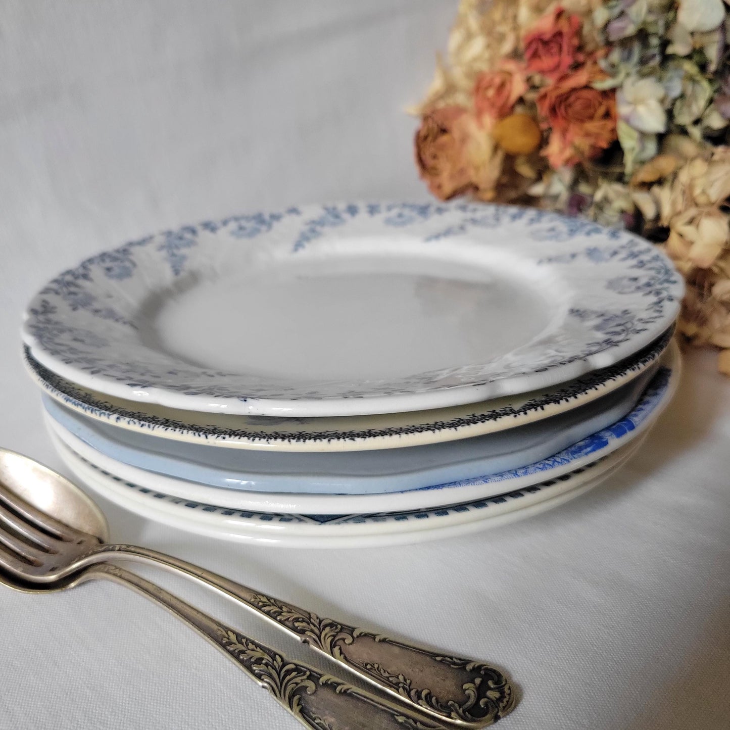 Antique Mismatched French/Belgian Ironstone Dinner Plates - Blue Transferware, Set of 6