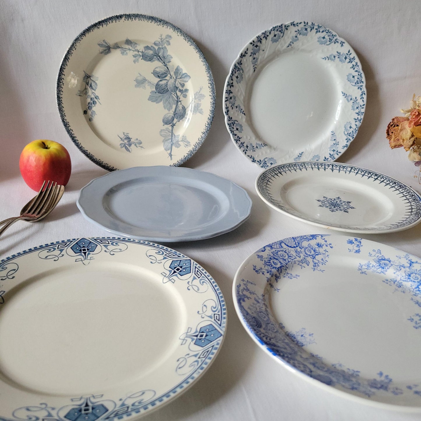 Antique Mismatched French/Belgian Ironstone Dinner Plates - Blue Transferware, Set of 6