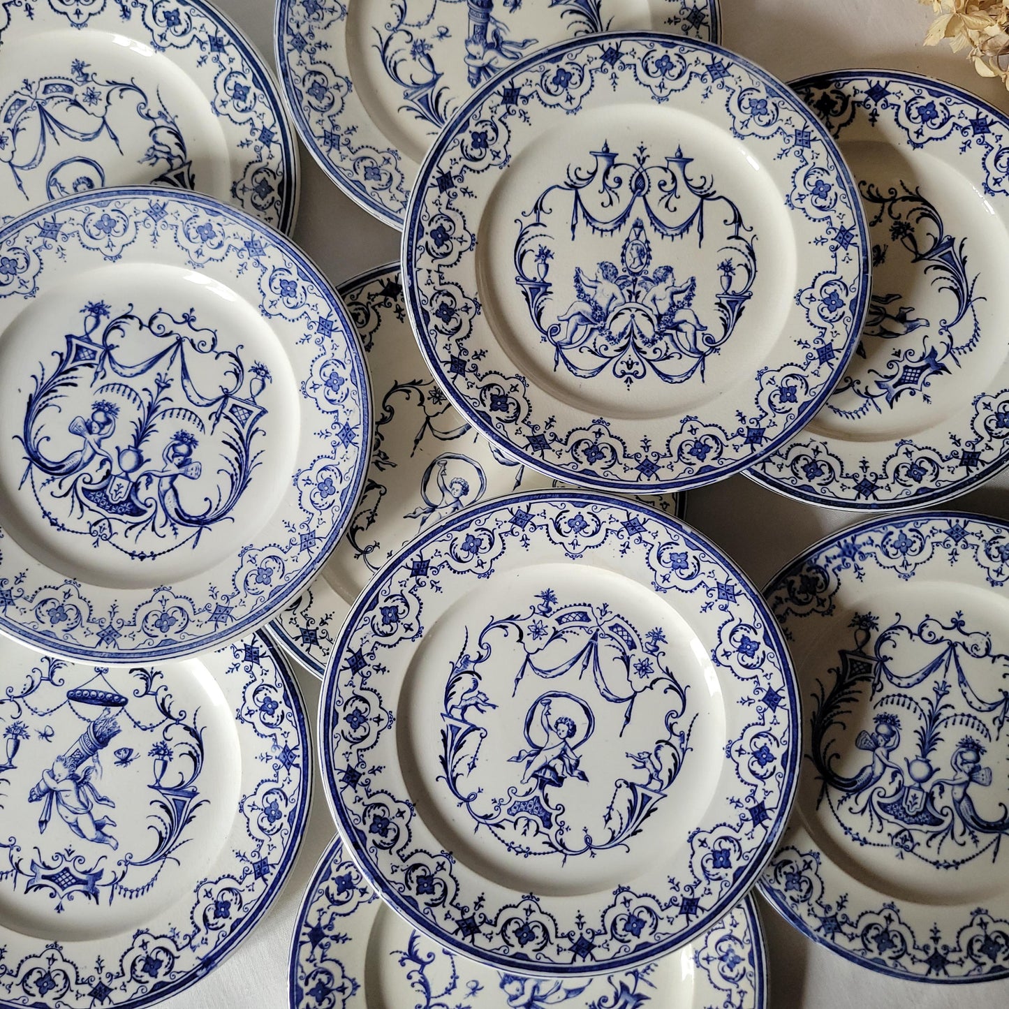 19thC Jules Vieillard 'Moustiers' French terre de fer antique dinner service, 10 place setting 39pc set, Neoclassical blue & white, France