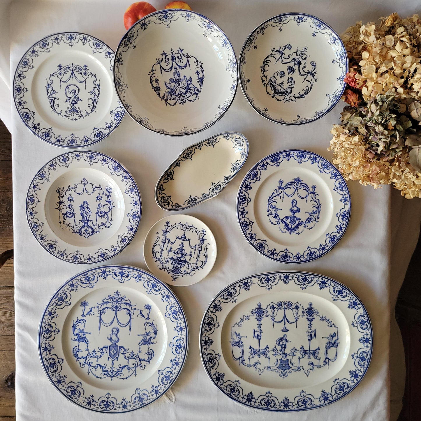 19thC Jules Vieillard 'Moustiers' French terre de fer antique dinner service, 10 place setting 39pc set, Neoclassical blue & white, France