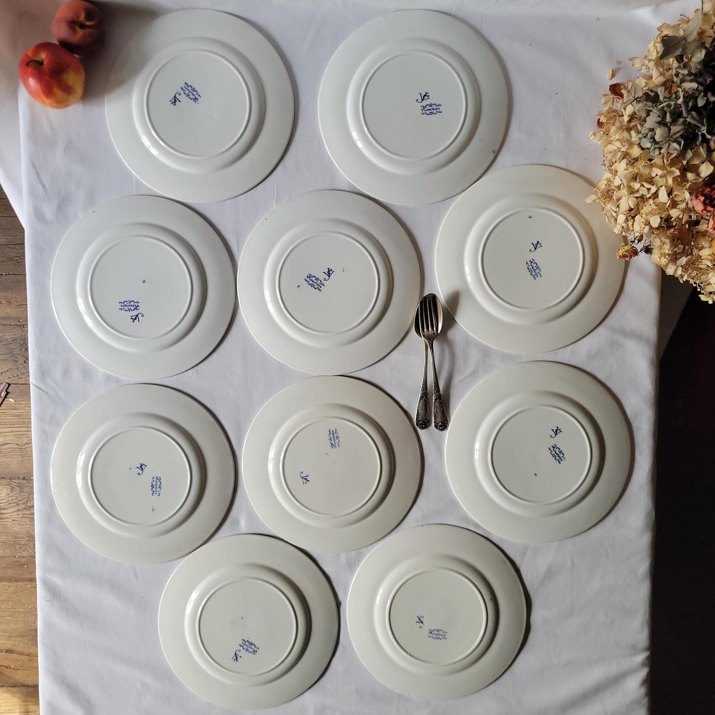 19thC Jules Vieillard 'Moustiers' French terre de fer antique dinner service, 10 place setting 39pc set, Neoclassical blue & white, France