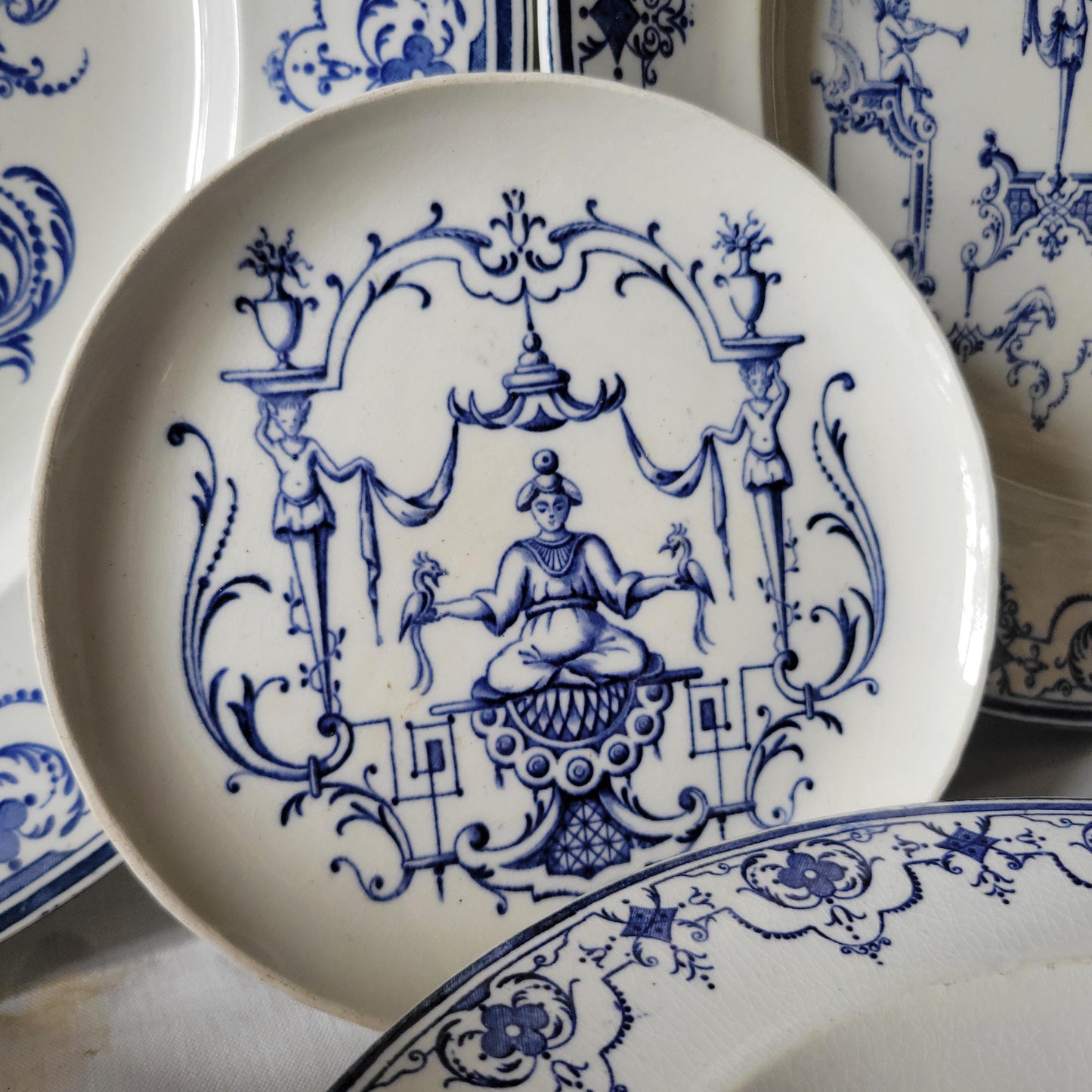 19thC Jules Vieillard 'Moustiers' French terre de fer antique dinner service, 10 place setting 39pc set, Neoclassical blue & white, France