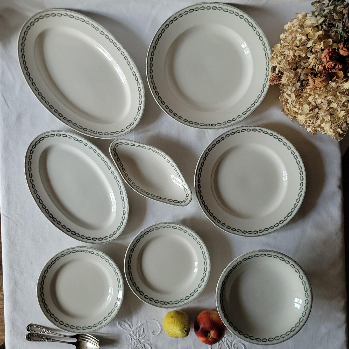 Antique Dinner Service, Sarreguemines France 12-Place Dinner Service, 'Noblis' Pattern, 20pc Green Transferware
