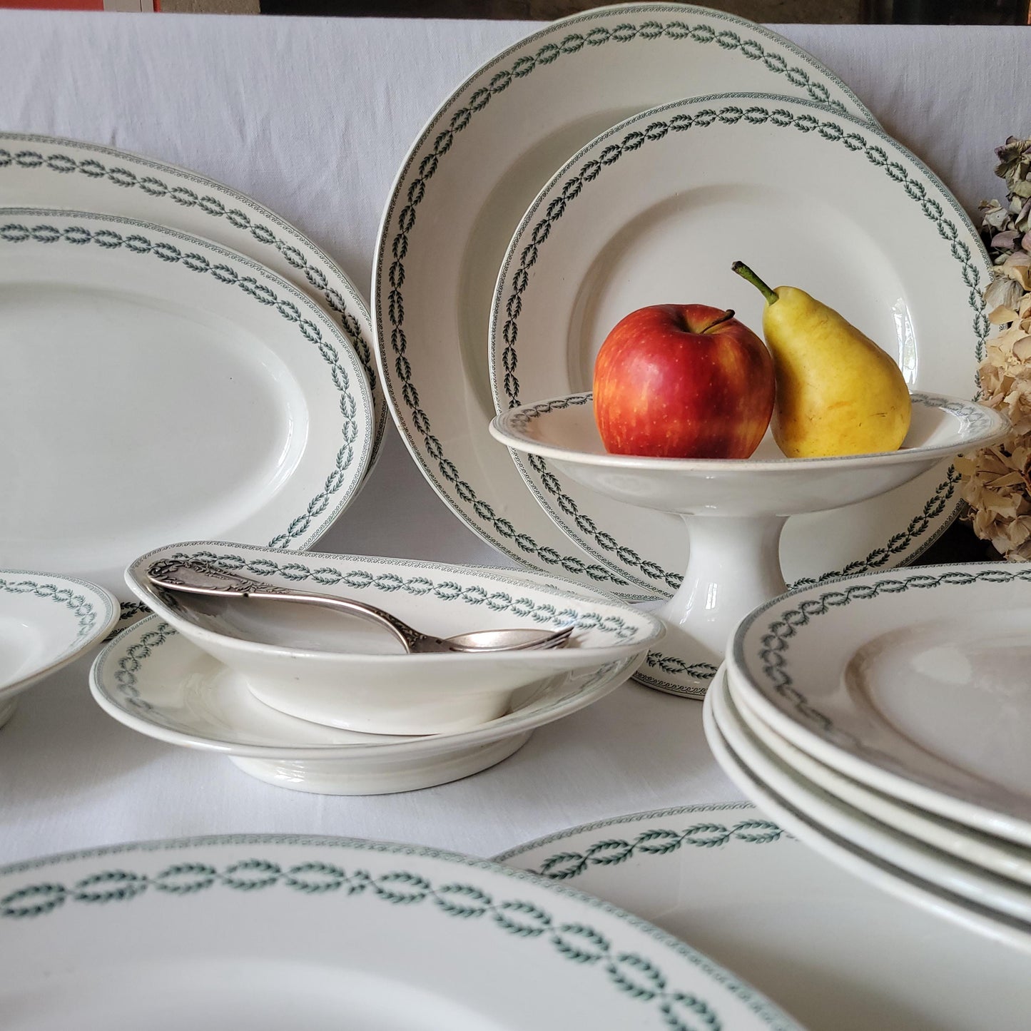 Antique Dinner Service, Sarreguemines France 12-Place Dinner Service, 'Noblis' Pattern, 20pc Green Transferware