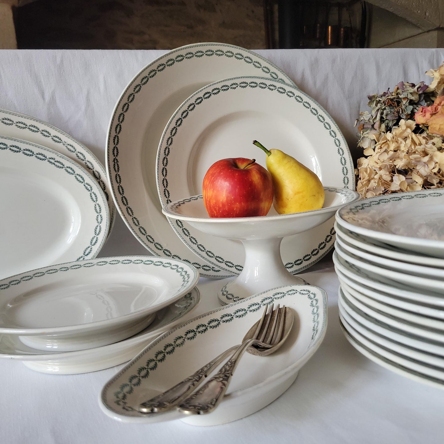 Antique Dinner Service, Sarreguemines France 12-Place Dinner Service, 'Noblis' Pattern, 20pc Green Transferware