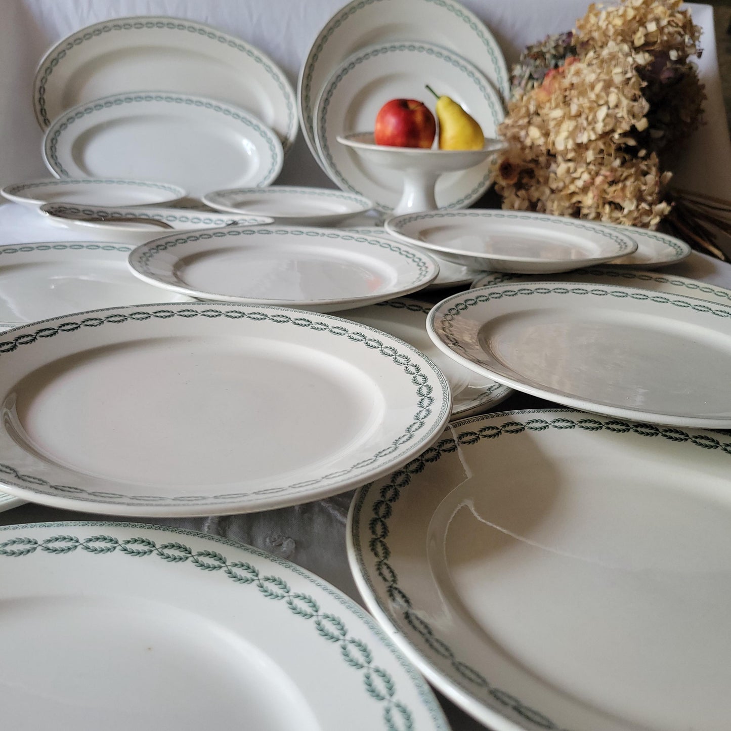 Antique Dinner Service, Sarreguemines France 12-Place Dinner Service, 'Noblis' Pattern, 20pc Green Transferware