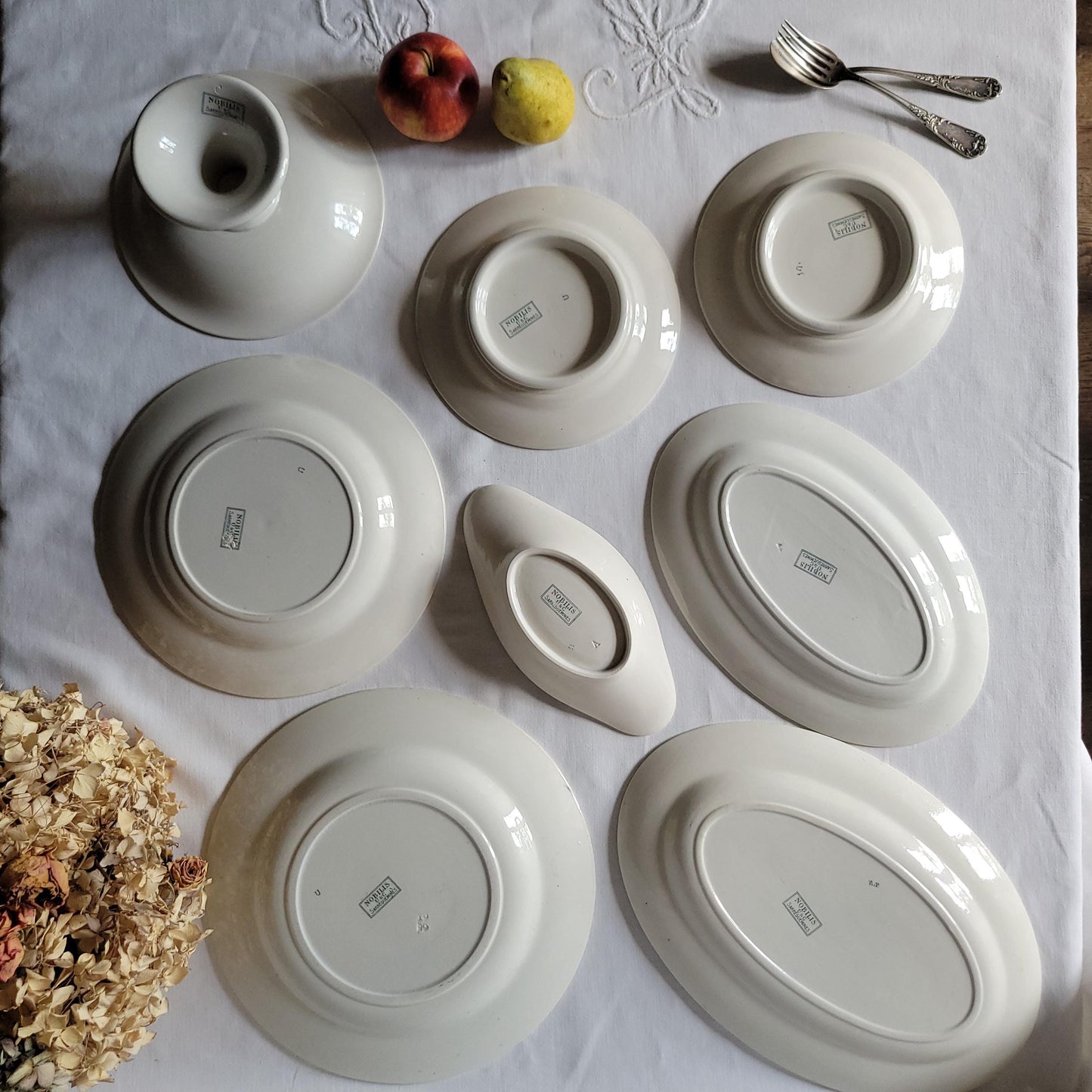 Antique Dinner Service, Sarreguemines France 12-Place Dinner Service, 'Noblis' Pattern, 20pc Green Transferware