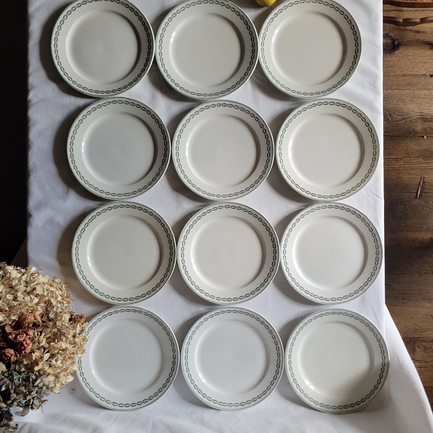 Antique Dinner Service, Sarreguemines France 12-Place Dinner Service, 'Noblis' Pattern, 20pc Green Transferware