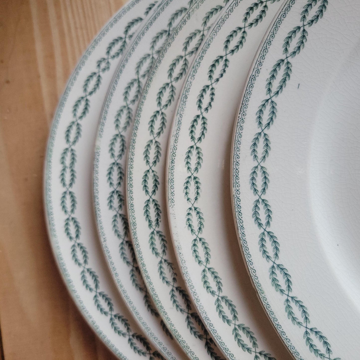 Antique Dinner Service, Sarreguemines France 12-Place Dinner Service, 'Noblis' Pattern, 20pc Green Transferware