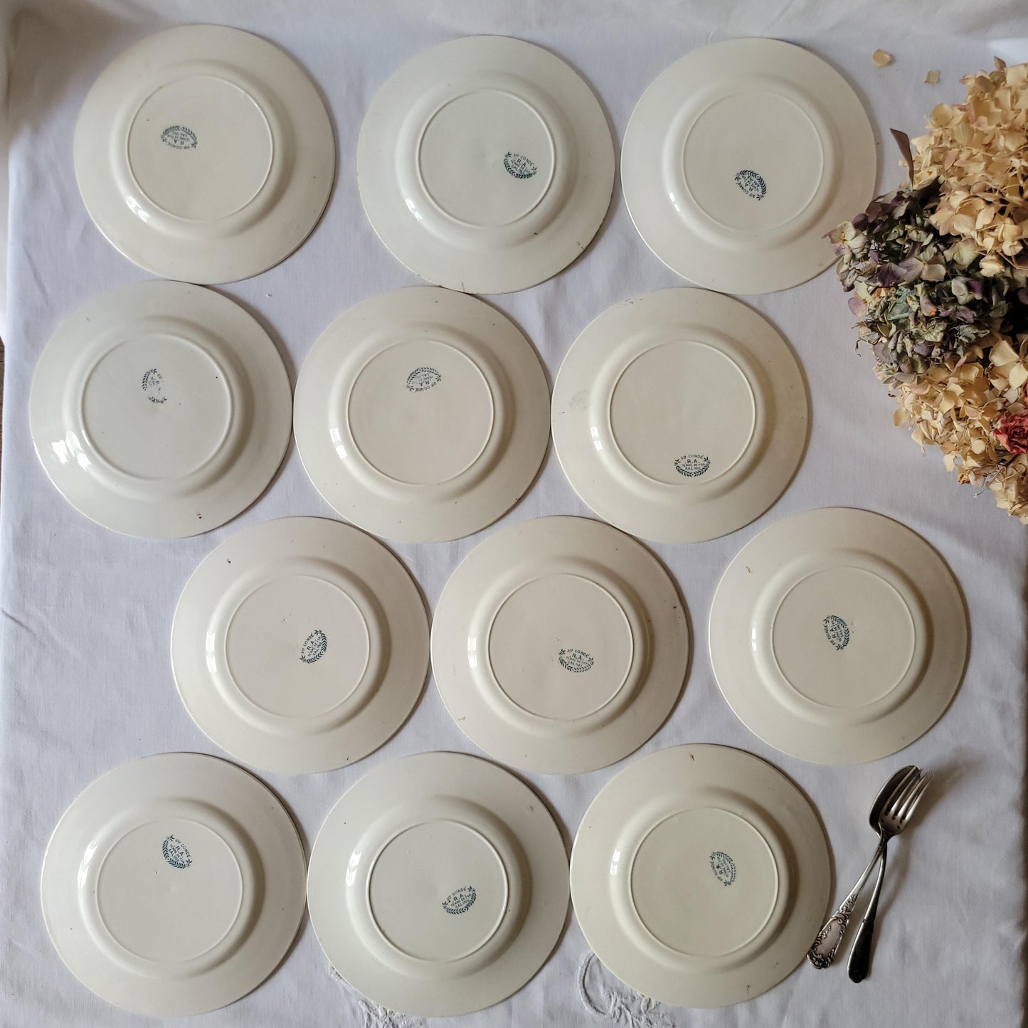 Antique Dinner Service, Salins France 24/12-Place Dinner Service, 'R.A' Pattern, 60pc Green Transferware