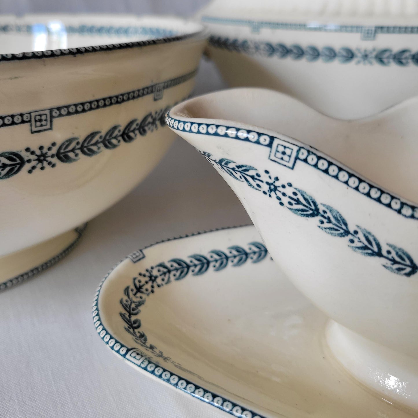 Antique Dinner Service, Salins France 24/12-Place Dinner Service, 'R.A' Pattern, 60pc Green Transferware