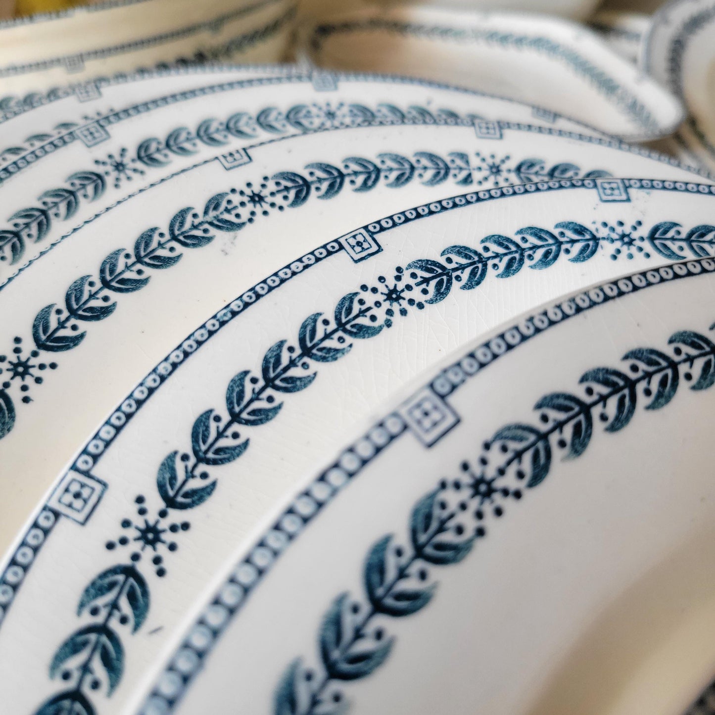 Antique Dinner Service, Salins France 24/12-Place Dinner Service, 'R.A' Pattern, 60pc Green Transferware