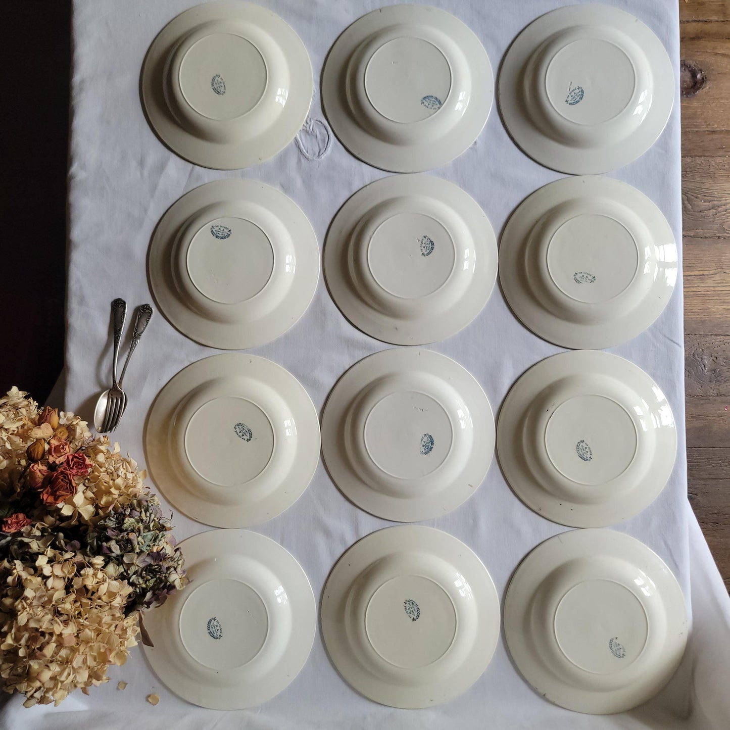 Antique Dinner Service, Salins France 24/12-Place Dinner Service, 'R.A' Pattern, 60pc Green Transferware