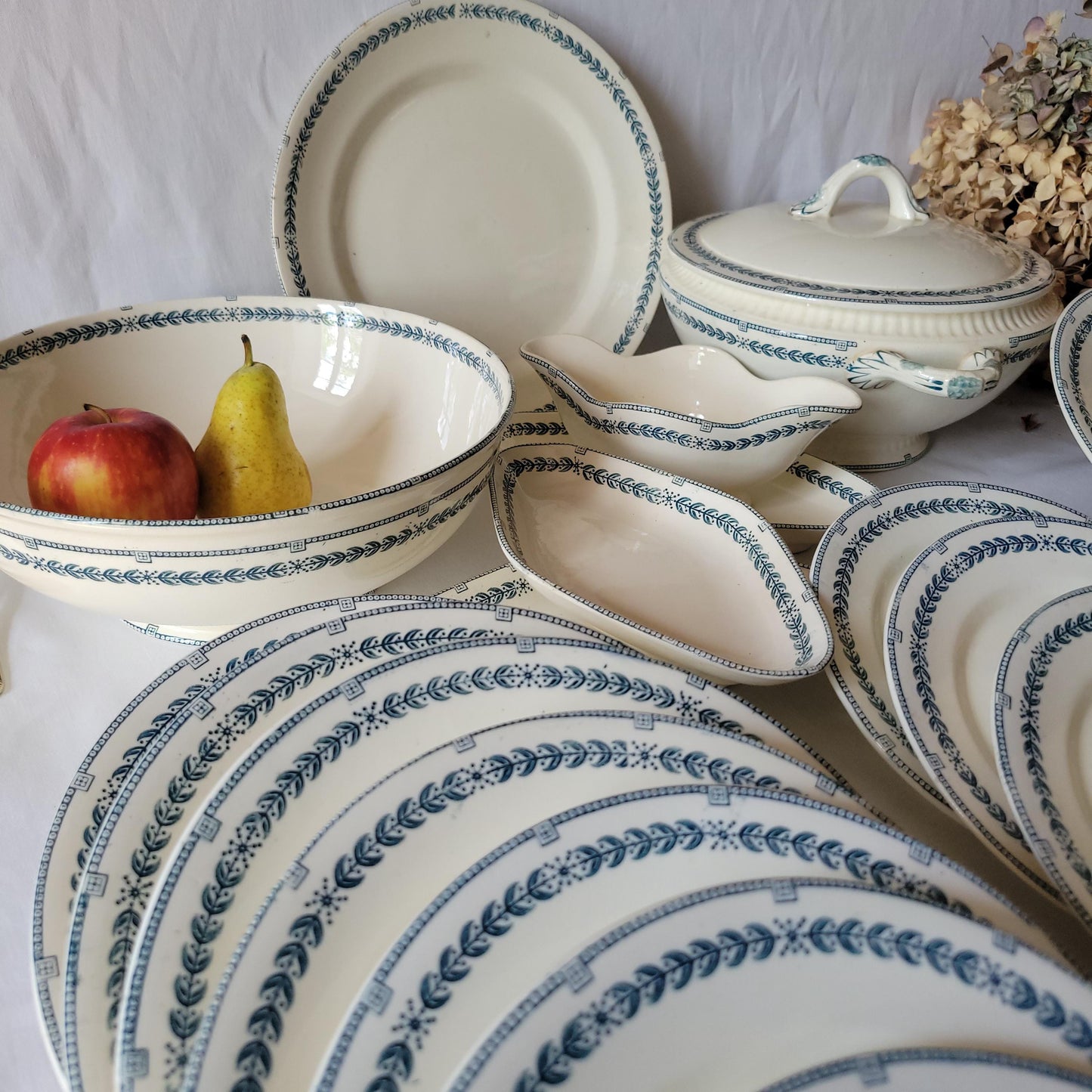 Antique Dinner Service, Salins France 24/12-Place Dinner Service, 'R.A' Pattern, 60pc Green Transferware
