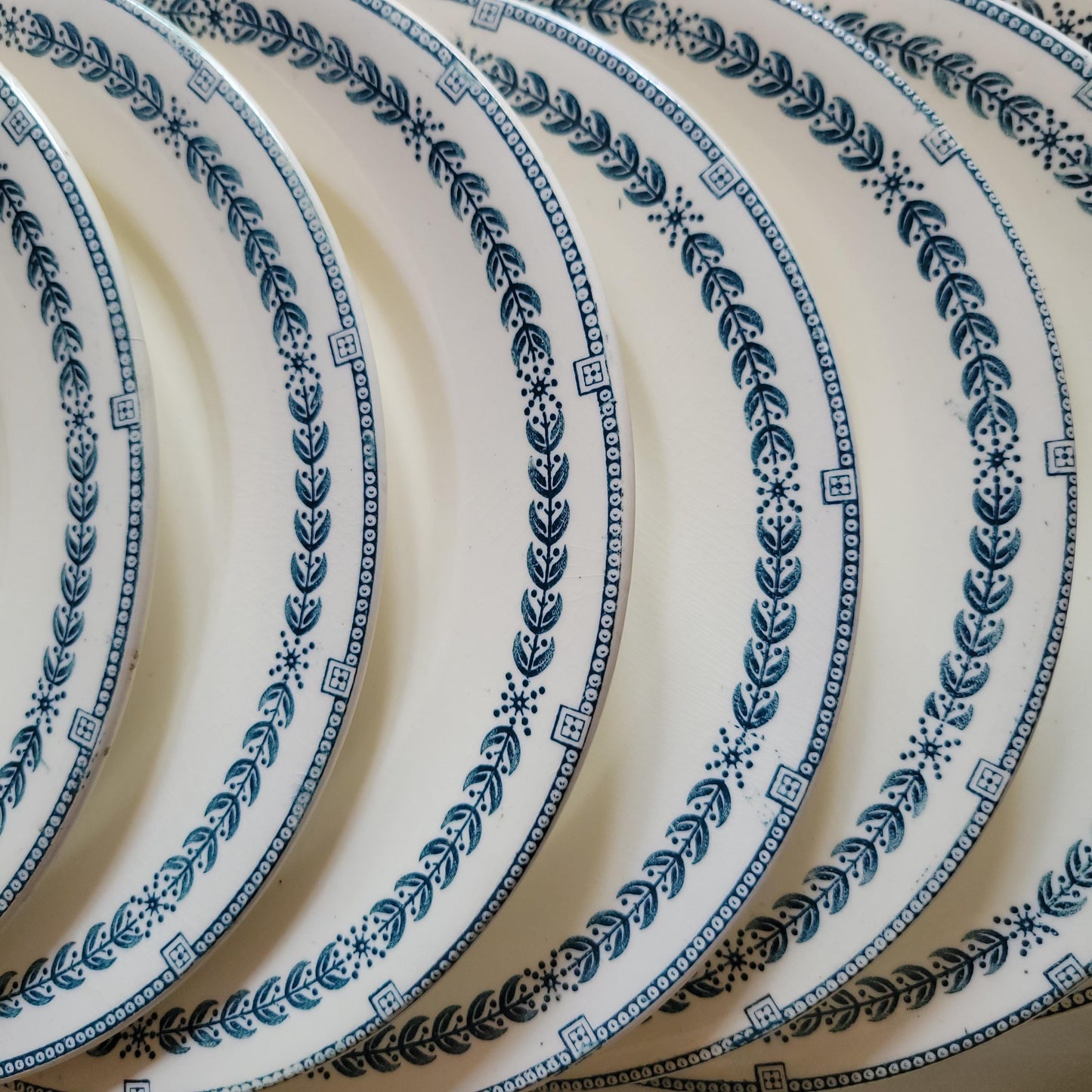 Antique Dinner Service, Salins France 24/12-Place Dinner Service, 'R.A' Pattern, 60pc Green Transferware