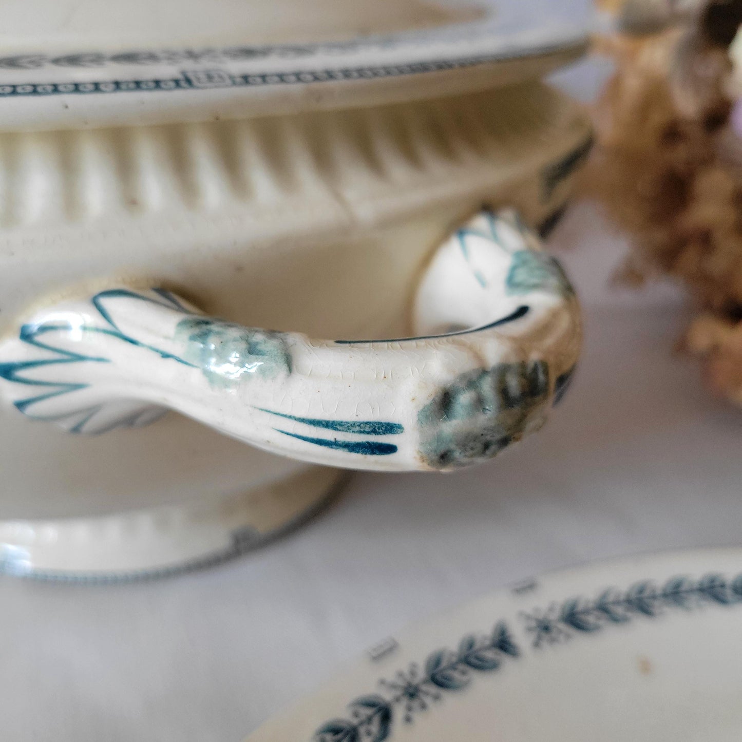 Antique Dinner Service, Salins France 24/12-Place Dinner Service, 'R.A' Pattern, 60pc Green Transferware