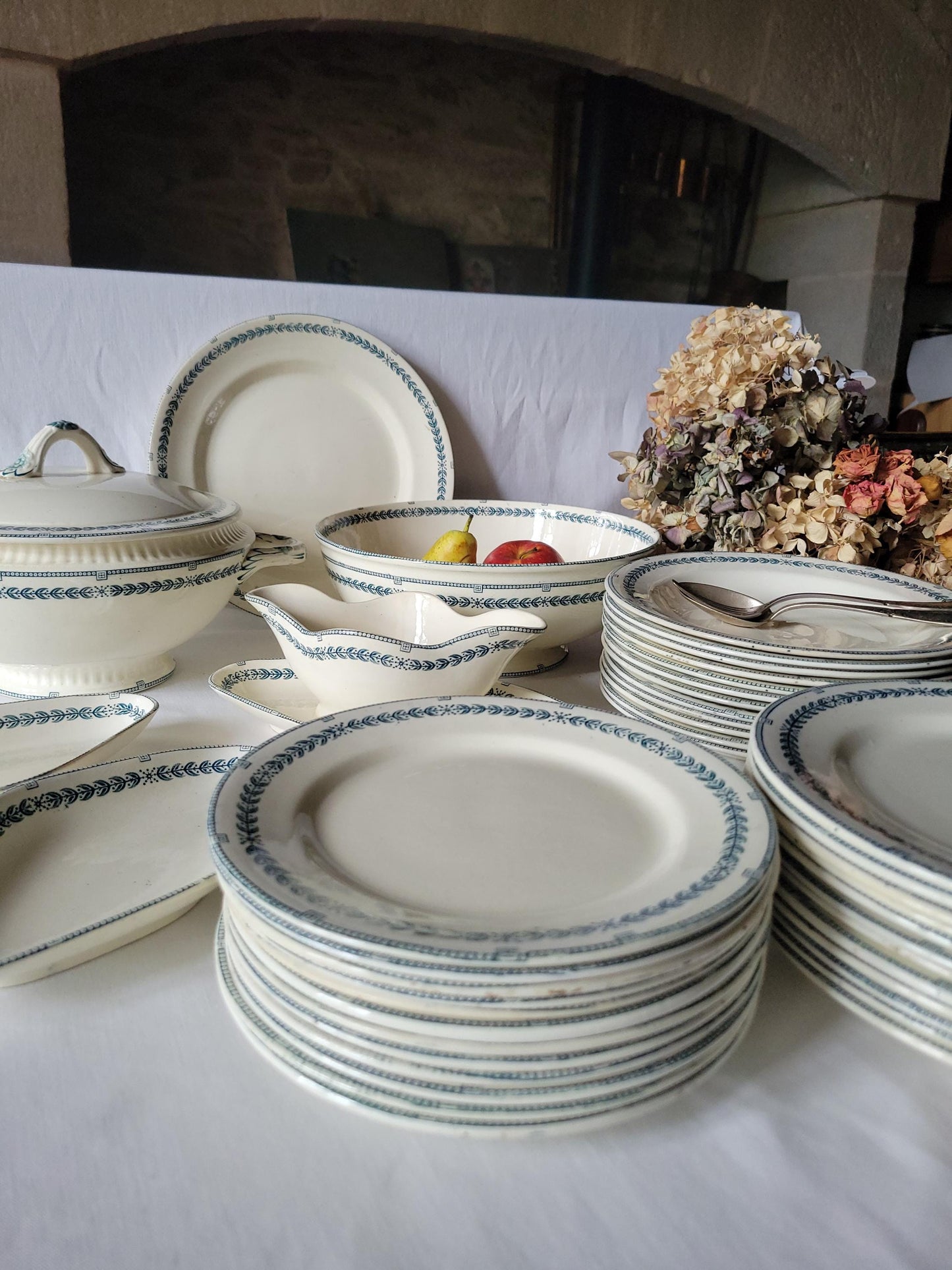Antique Dinner Service, Salins France 24/12-Place Dinner Service, 'R.A' Pattern, 60pc Green Transferware