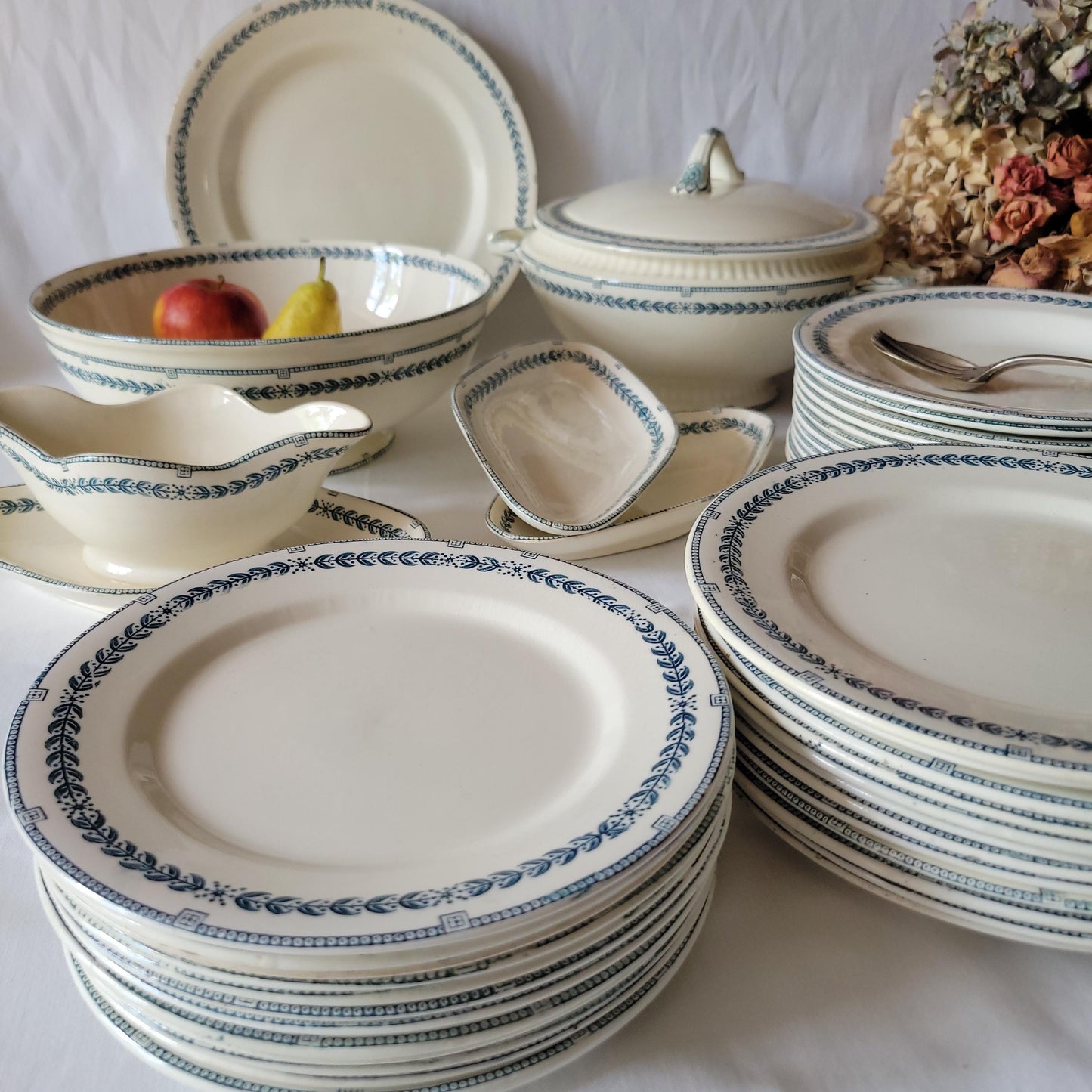 Antique Dinner Service, Salins France 24/12-Place Dinner Service, 'R.A' Pattern, 60pc Green Transferware