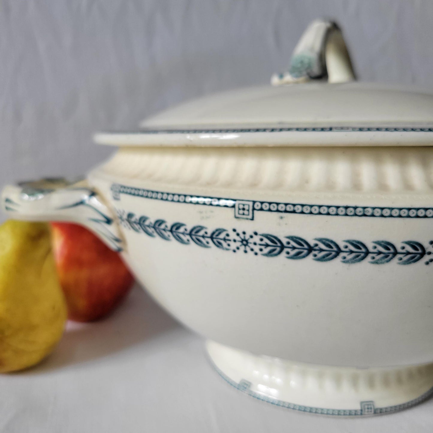 Antique Dinner Service, Salins France 24/12-Place Dinner Service, 'R.A' Pattern, 60pc Green Transferware