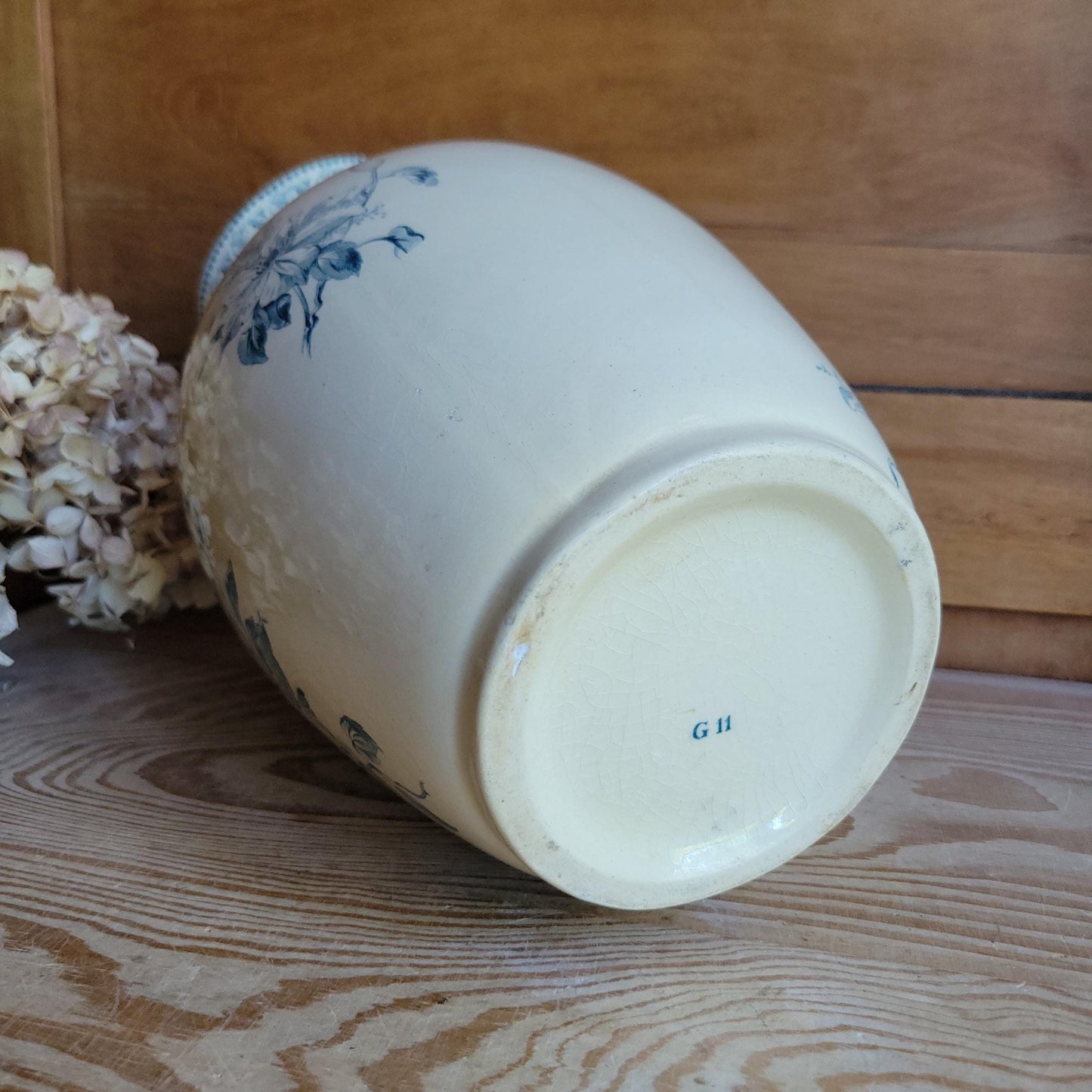 Large Antique Petrol Blue Floral Transferware Jug on a Cream Ground, France c.1900