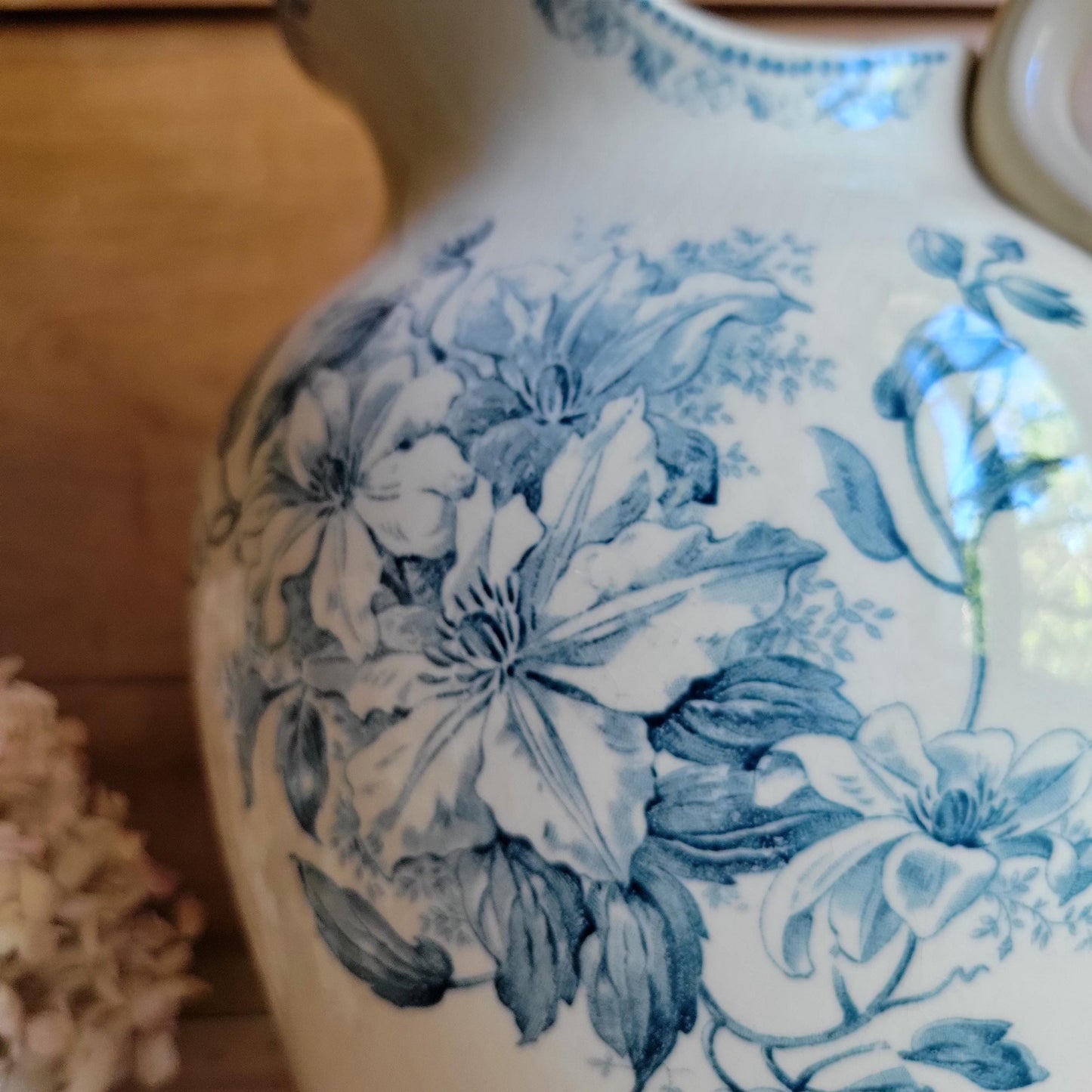 Large Antique Petrol Blue Floral Transferware Jug on a Cream Ground, France c.1900