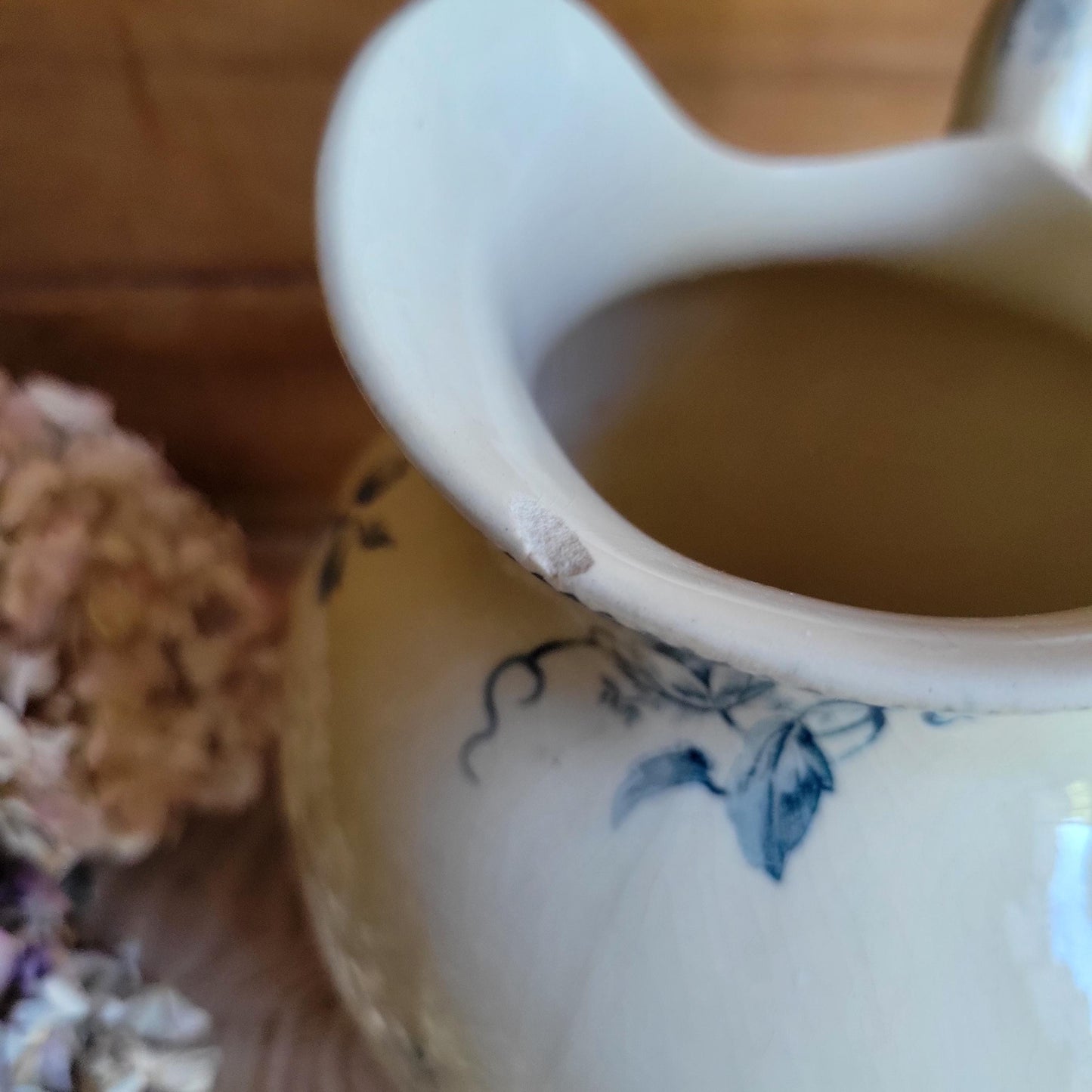 Large Antique Petrol Blue Floral Transferware Jug on a Cream Ground, France c.1900