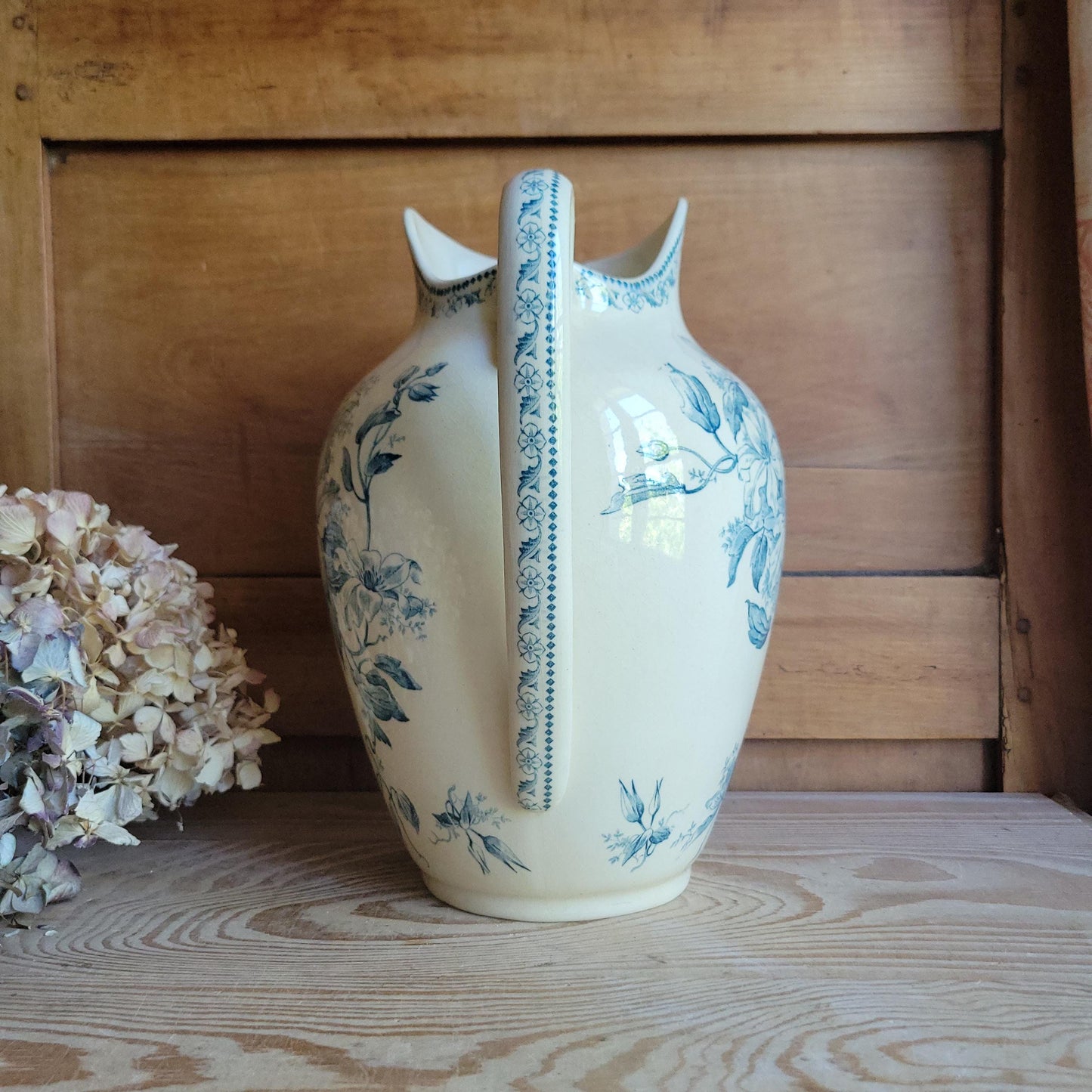 Large Antique Petrol Blue Floral Transferware Jug on a Cream Ground, France c.1900