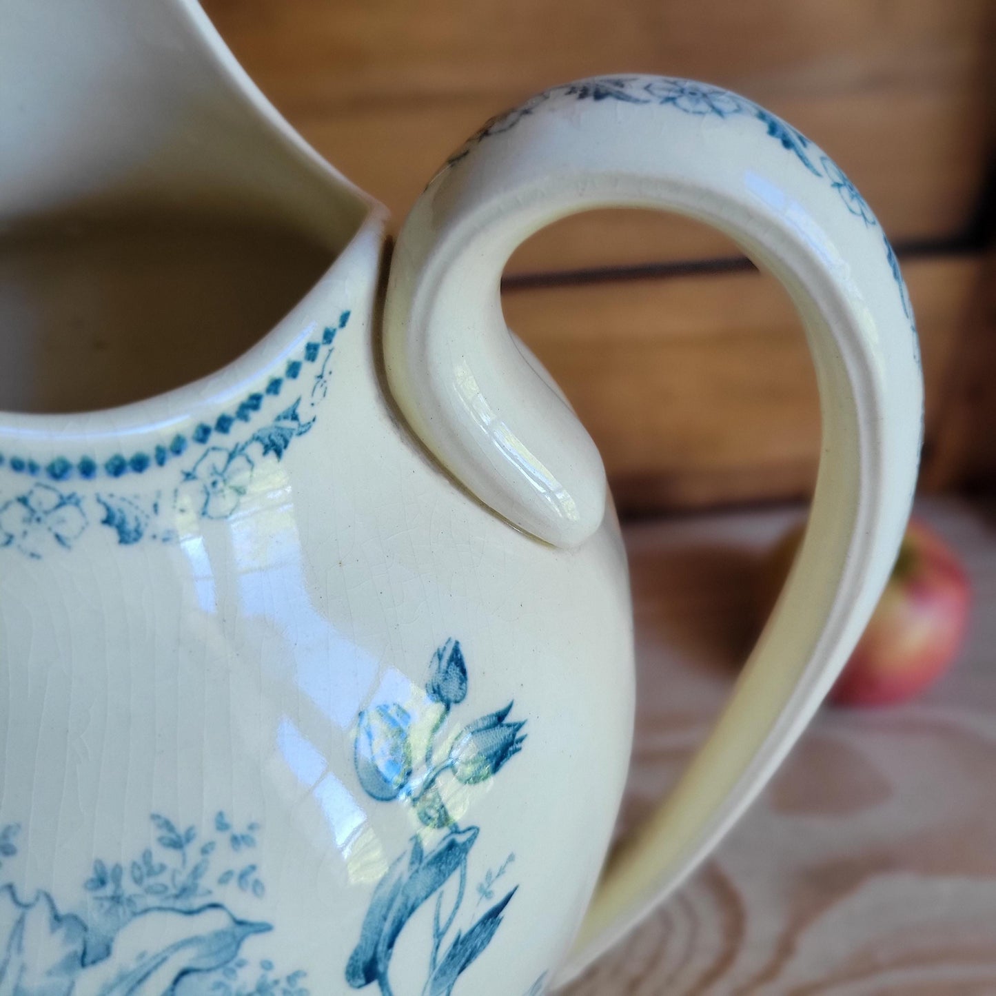 Large Antique Petrol Blue Floral Transferware Jug on a Cream Ground, France c.1900