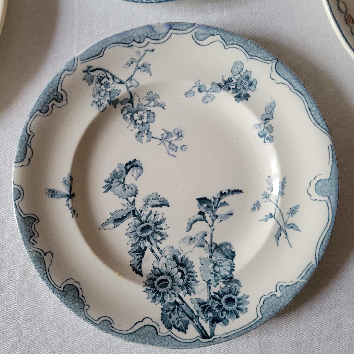SET 6 mismatched antique French dinner plates, ironstone blue teal floral transferware cottage style, Sarreguemines, Choisy le Roi, c1900