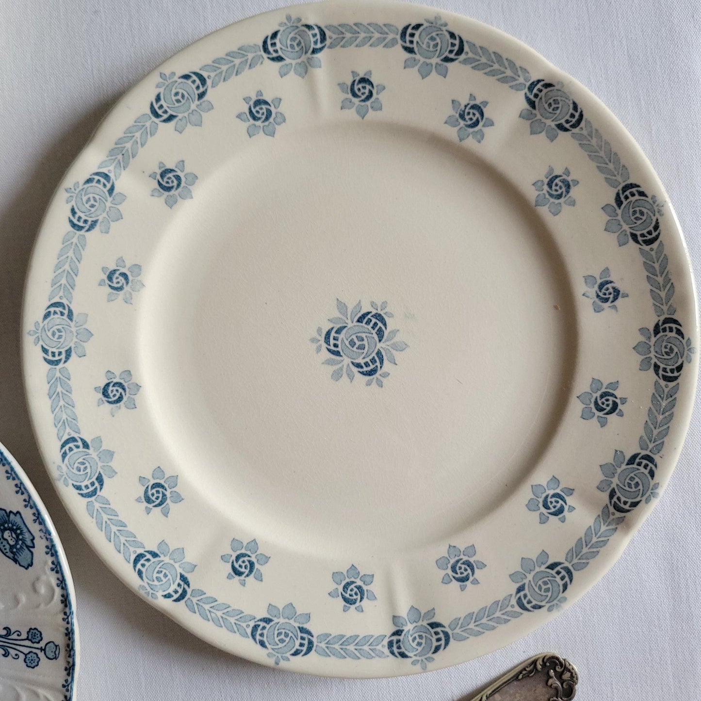 SET 6 mismatched antique French dinner plates, ironstone blue teal floral transferware cottage style, Sarreguemines, Choisy le Roi, c1900