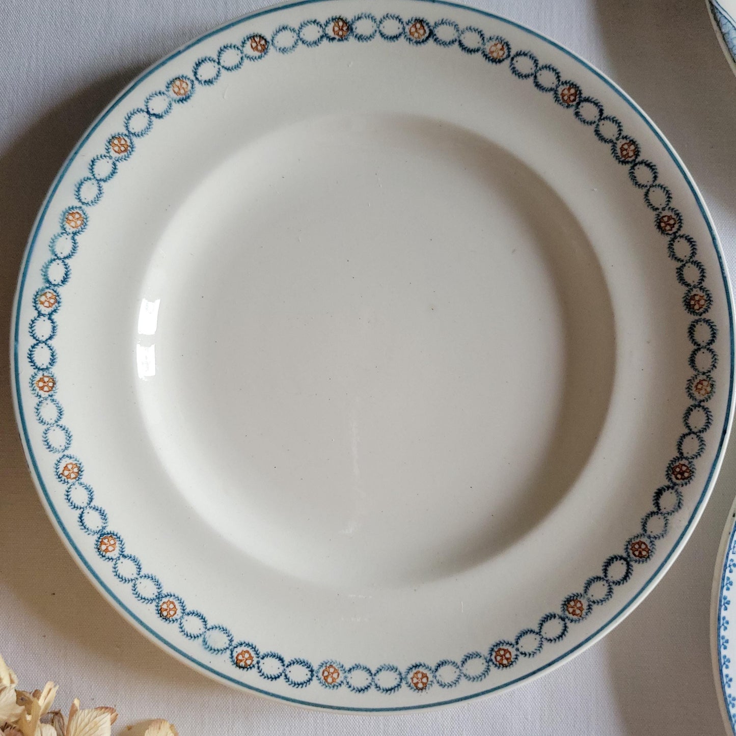 SET 6 mismatched antique French dinner plates, ironstone blue teal floral transferware cottage style, Sarreguemines, Choisy le Roi, c1900