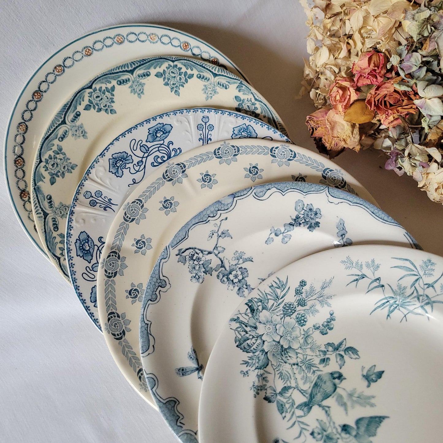 SET 6 mismatched antique French dinner plates, ironstone blue teal floral transferware cottage style, Sarreguemines, Choisy le Roi, c1900