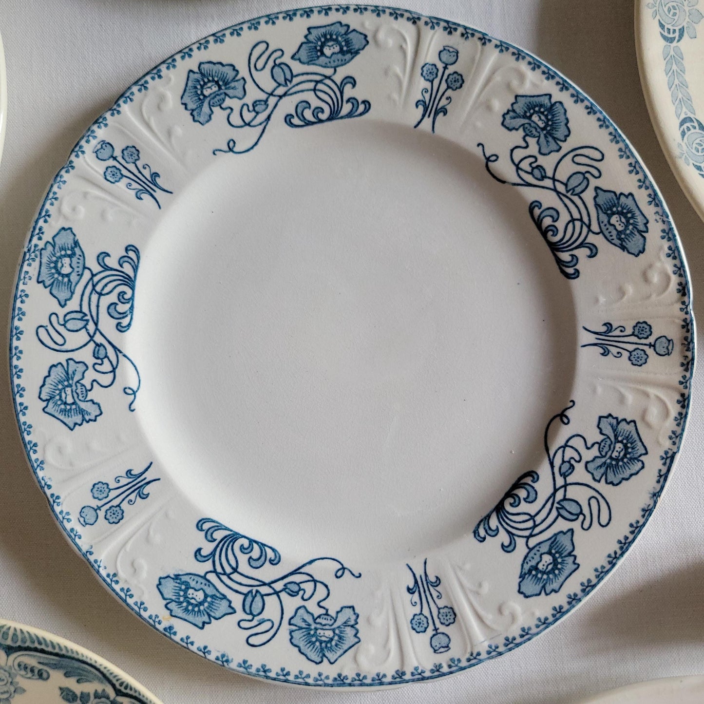 SET 6 mismatched antique French dinner plates, ironstone blue teal floral transferware cottage style, Sarreguemines, Choisy le Roi, c1900