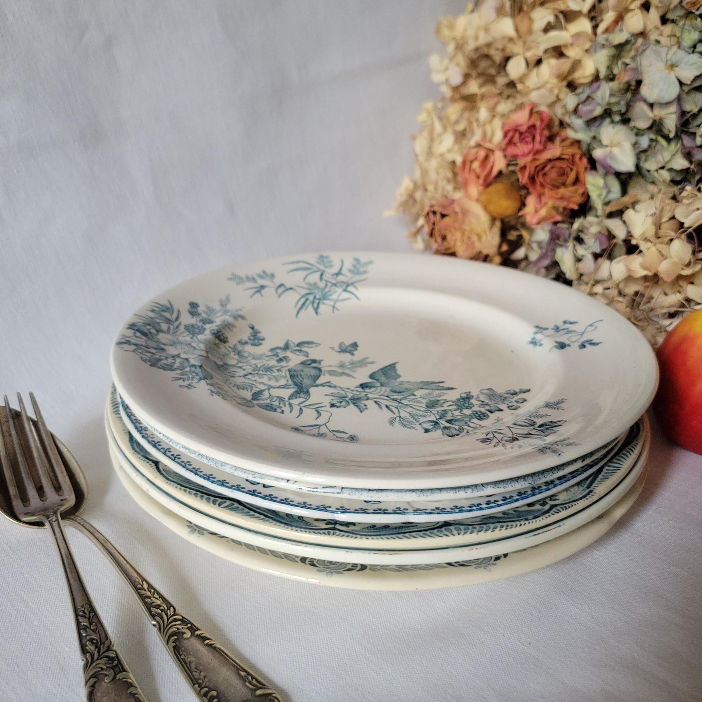 SET 6 mismatched antique French dinner plates, ironstone blue teal floral transferware cottage style, Sarreguemines, Choisy le Roi, c1900