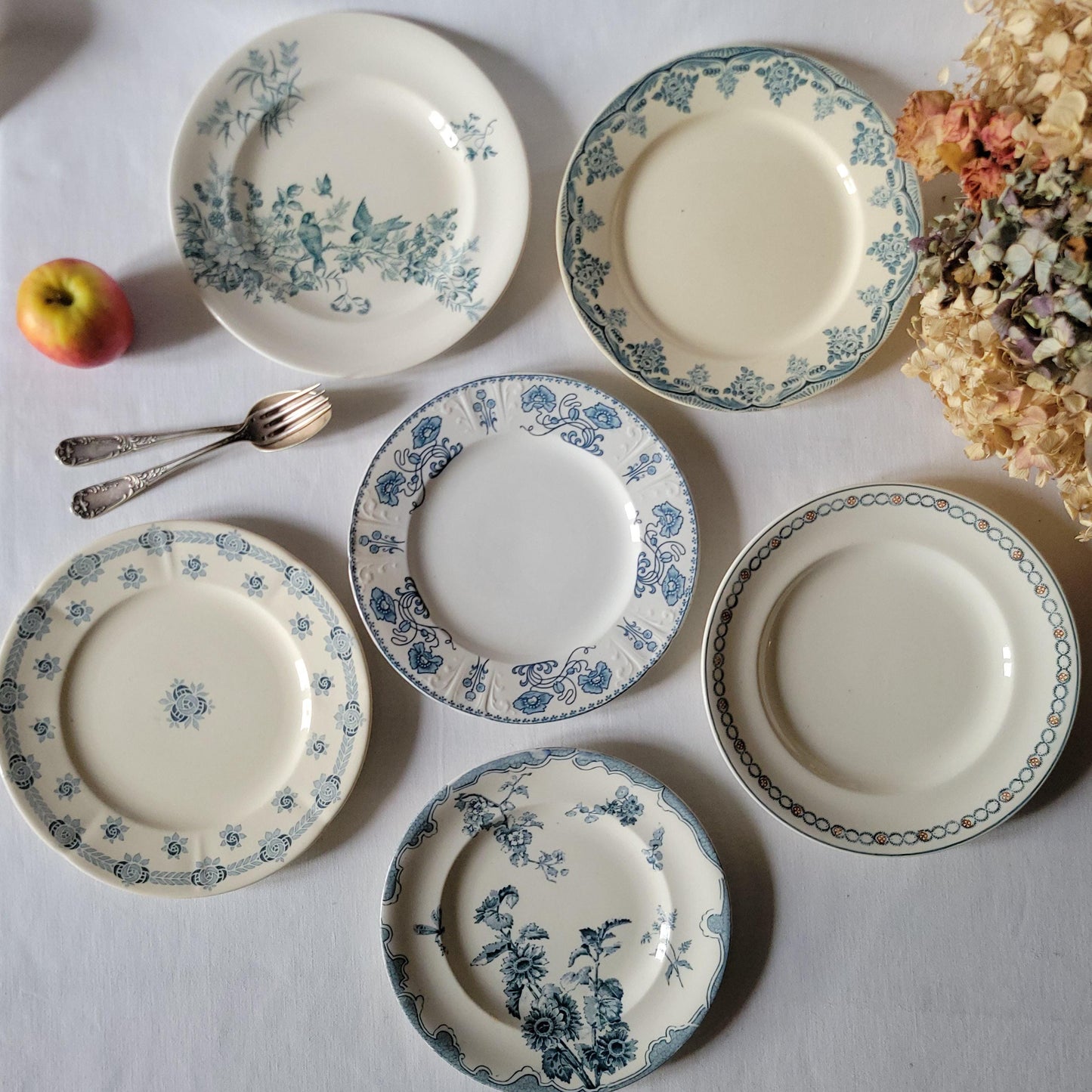 SET 6 mismatched antique French dinner plates, ironstone blue teal floral transferware cottage style, Sarreguemines, Choisy le Roi, c1900