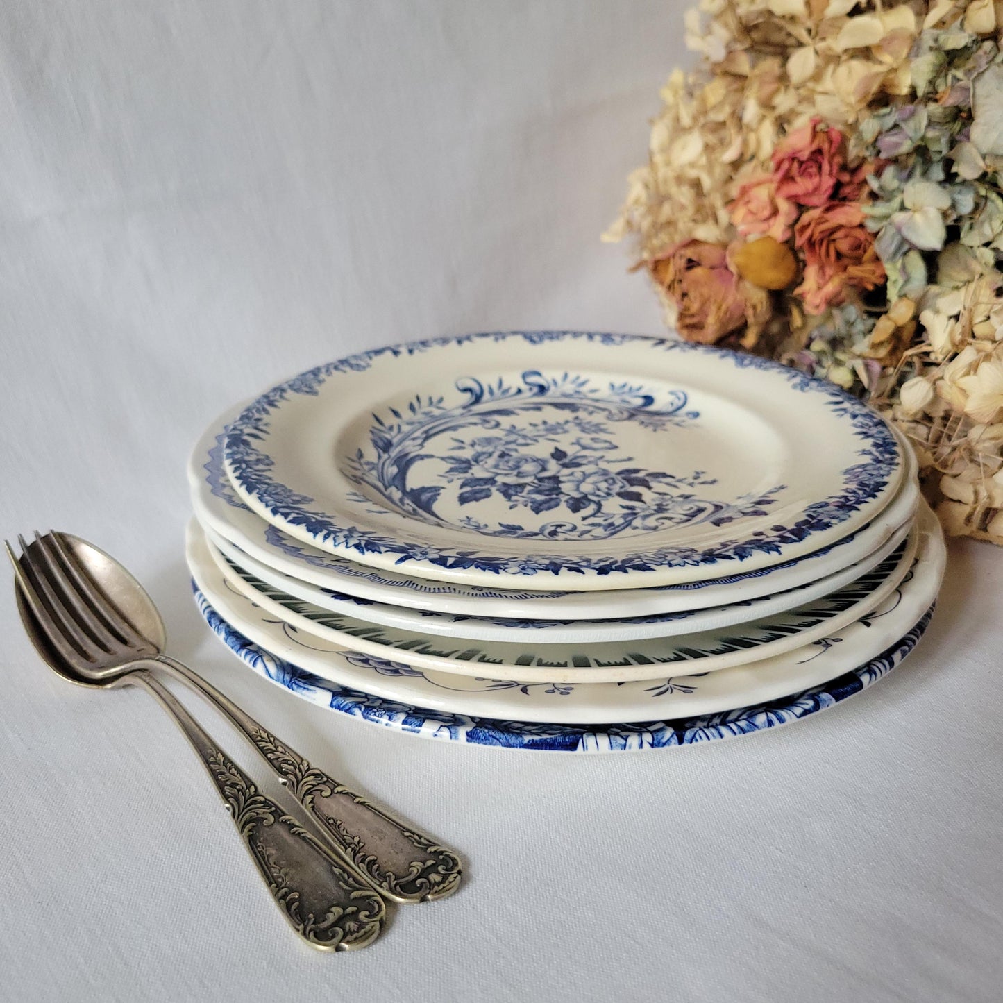 Antique Mismatched French Ironstone Dinner Plates - Teal Blue Transferware, Set of 6
